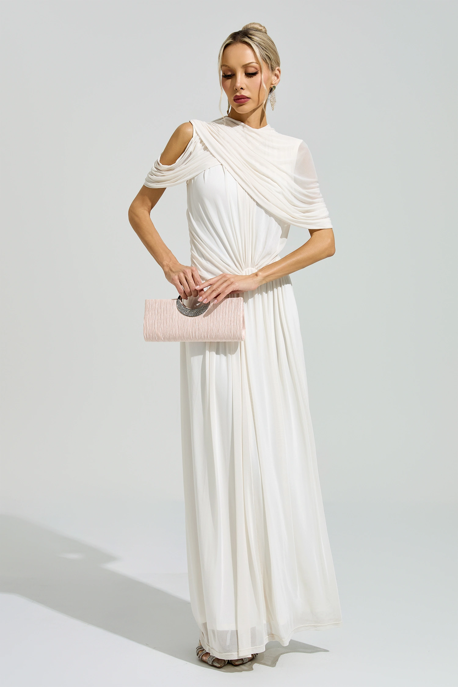 Ono White Tulle Ruched Maxi Dress