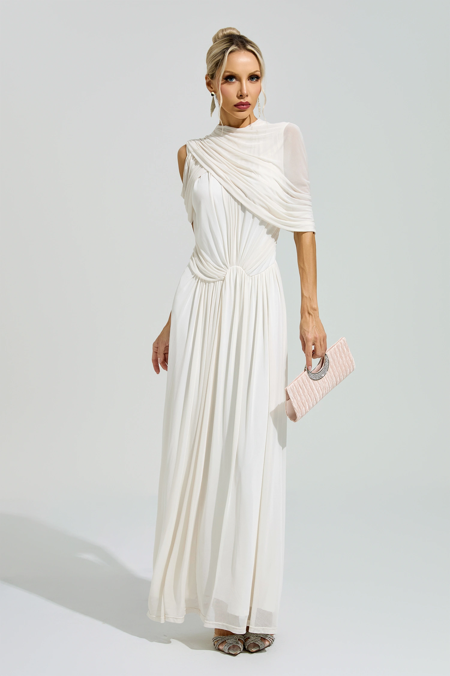 Ono White Tulle Ruched Maxi Dress