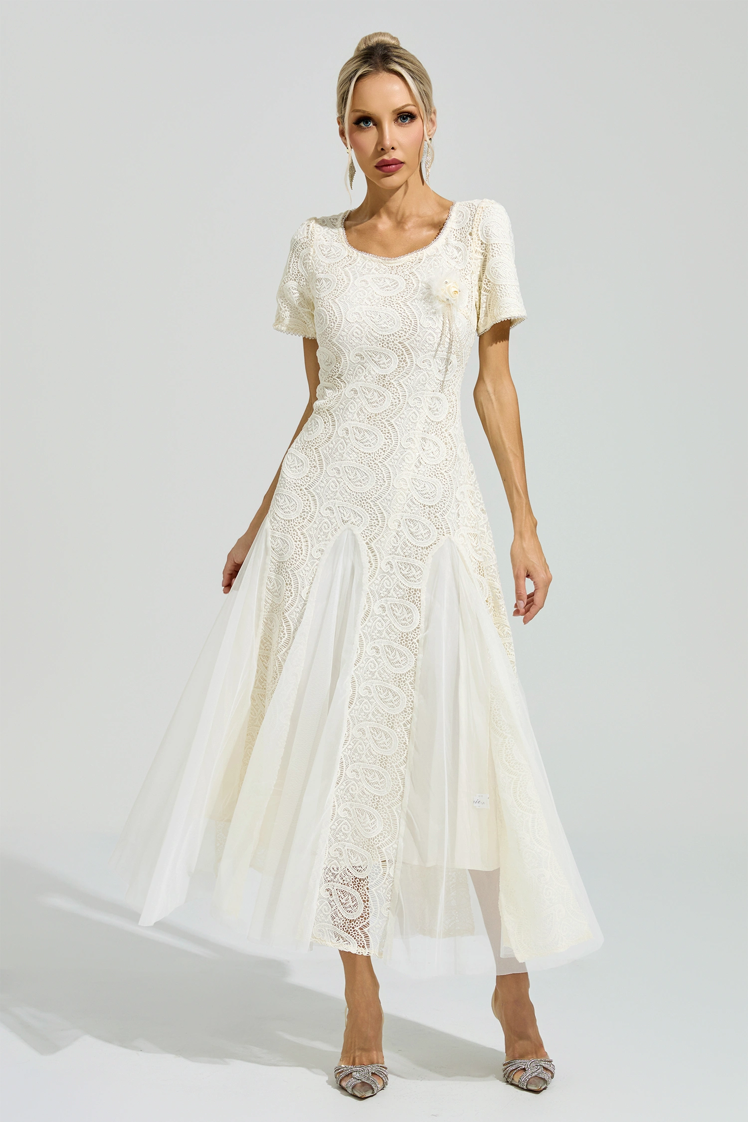 Camus Apricot French Lace Mesh Maxi Dress