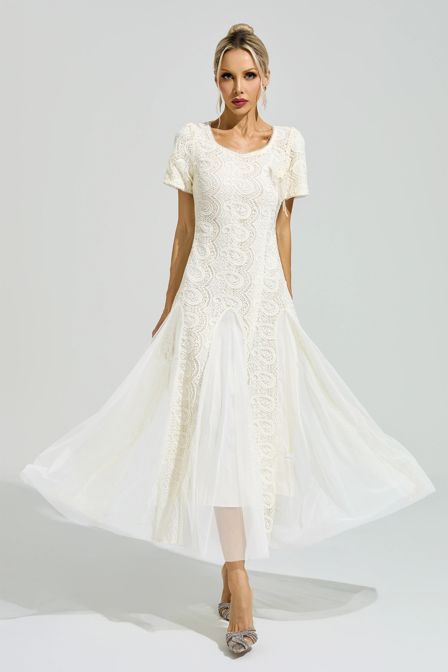 Camus Apricot French Lace Mesh Maxi Dress