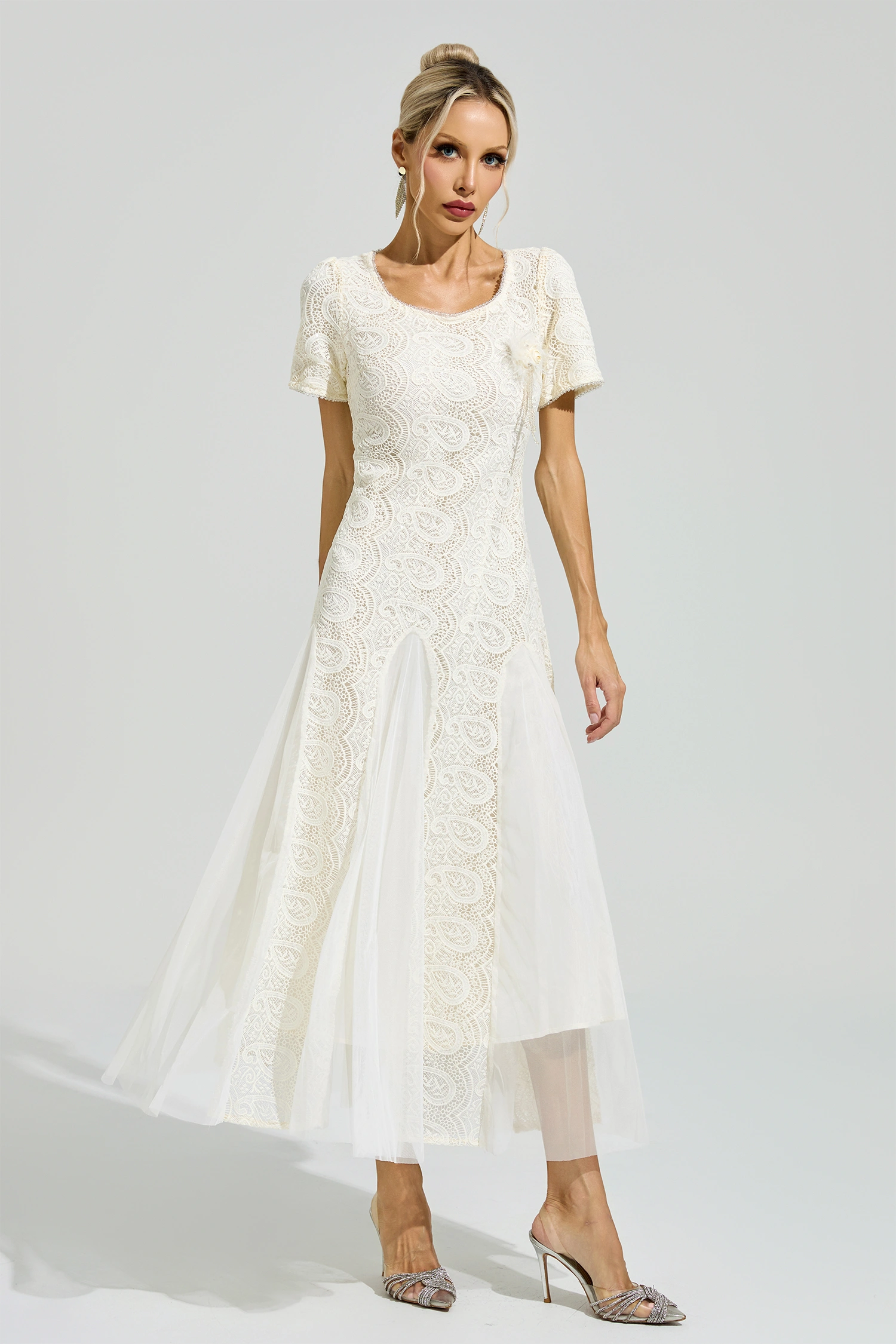 Camus Apricot French Lace Mesh Maxi Dress