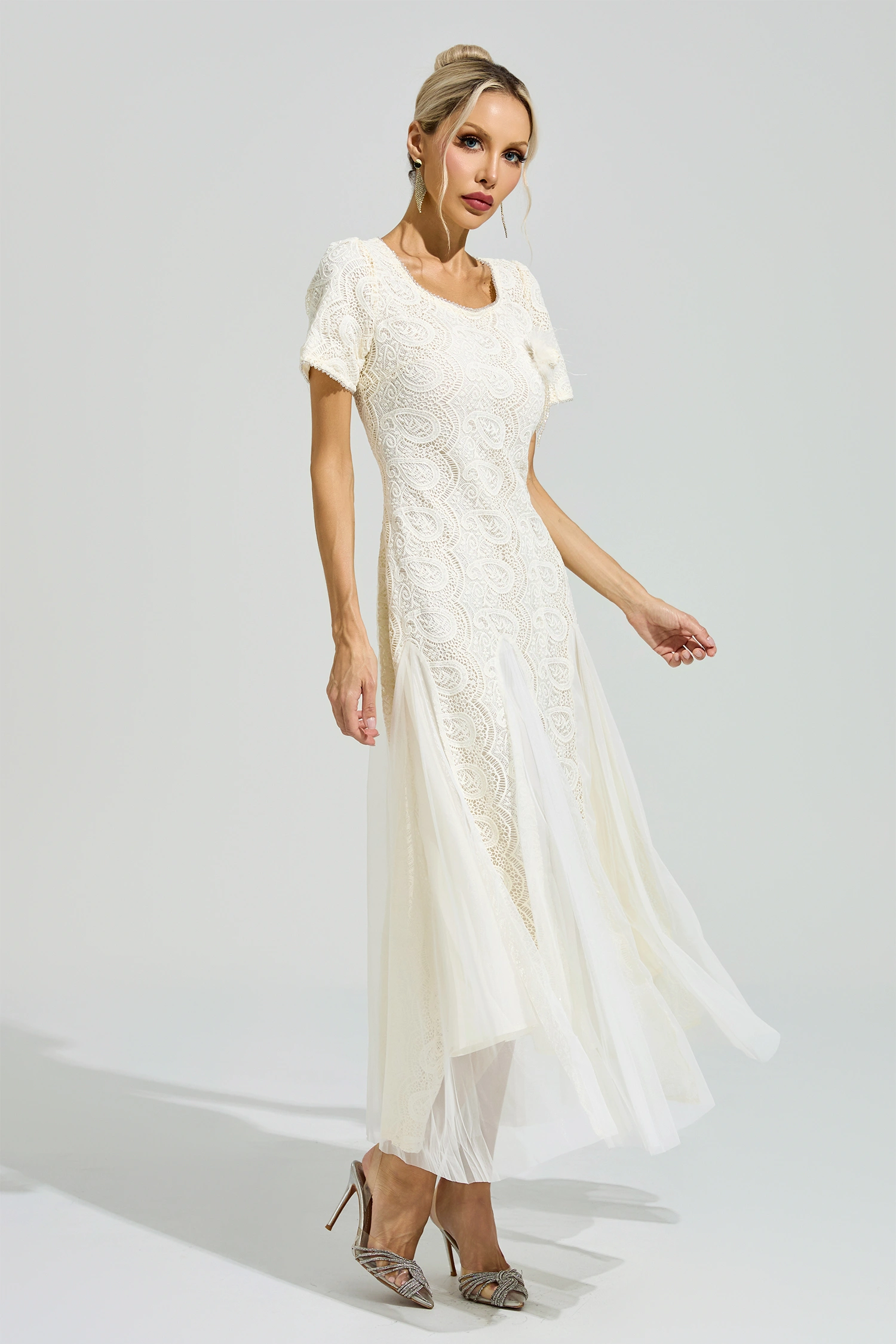 Camus Apricot French Lace Mesh Maxi Dress