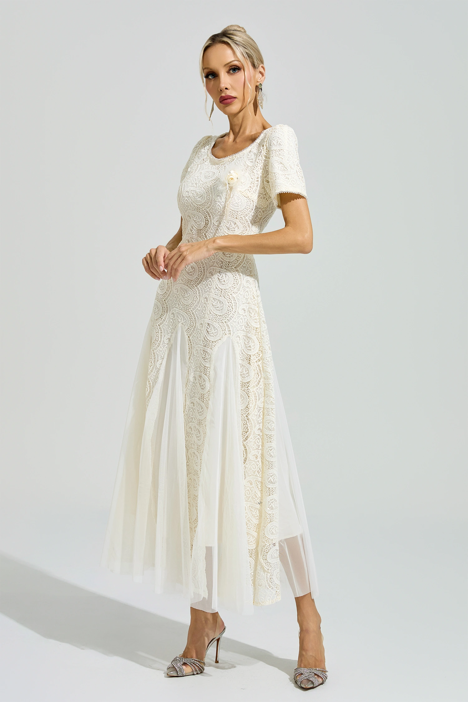 Camus Apricot French Lace Mesh Maxi Dress