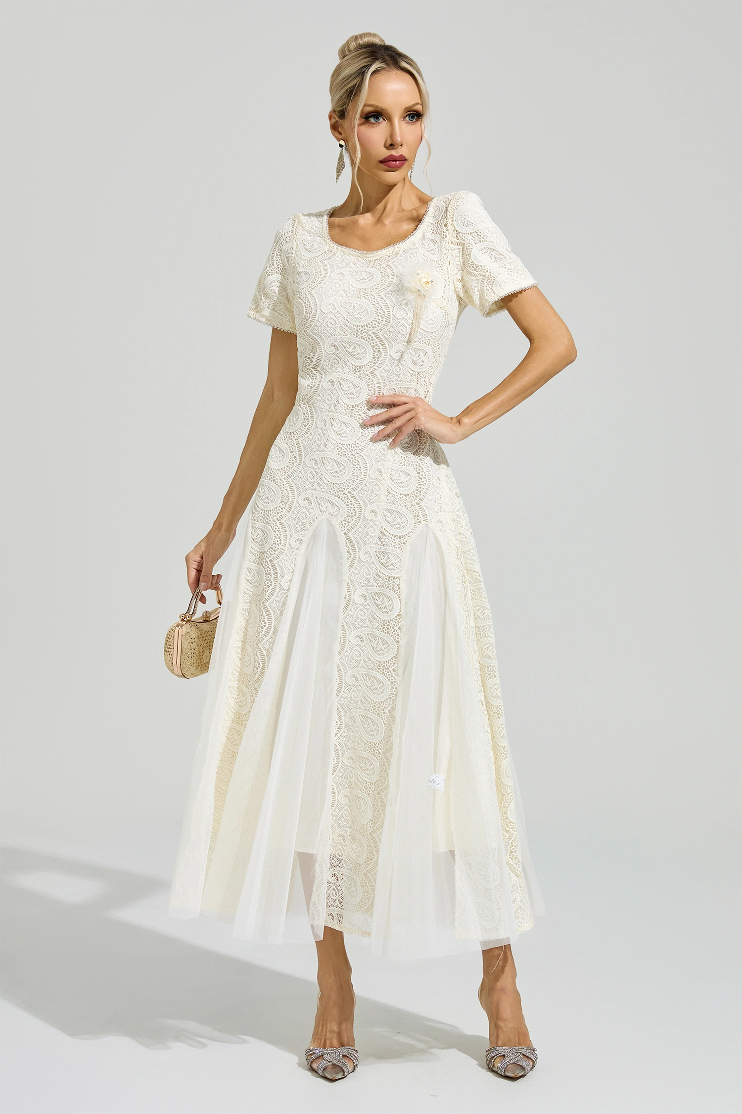 Camus Apricot French Lace Mesh Maxi Dress