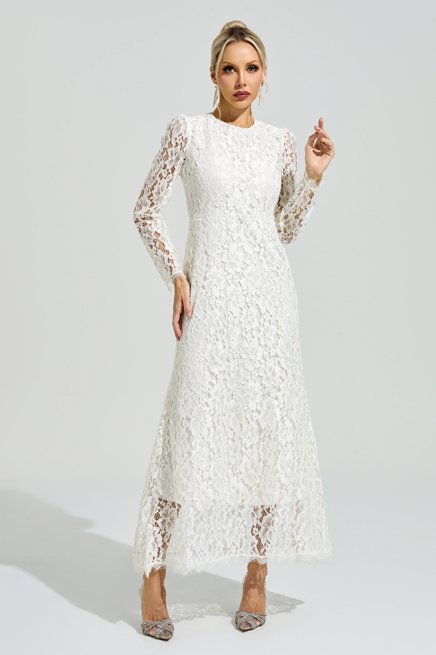 Warhol White Long Sleeve Lace Maxi Dress