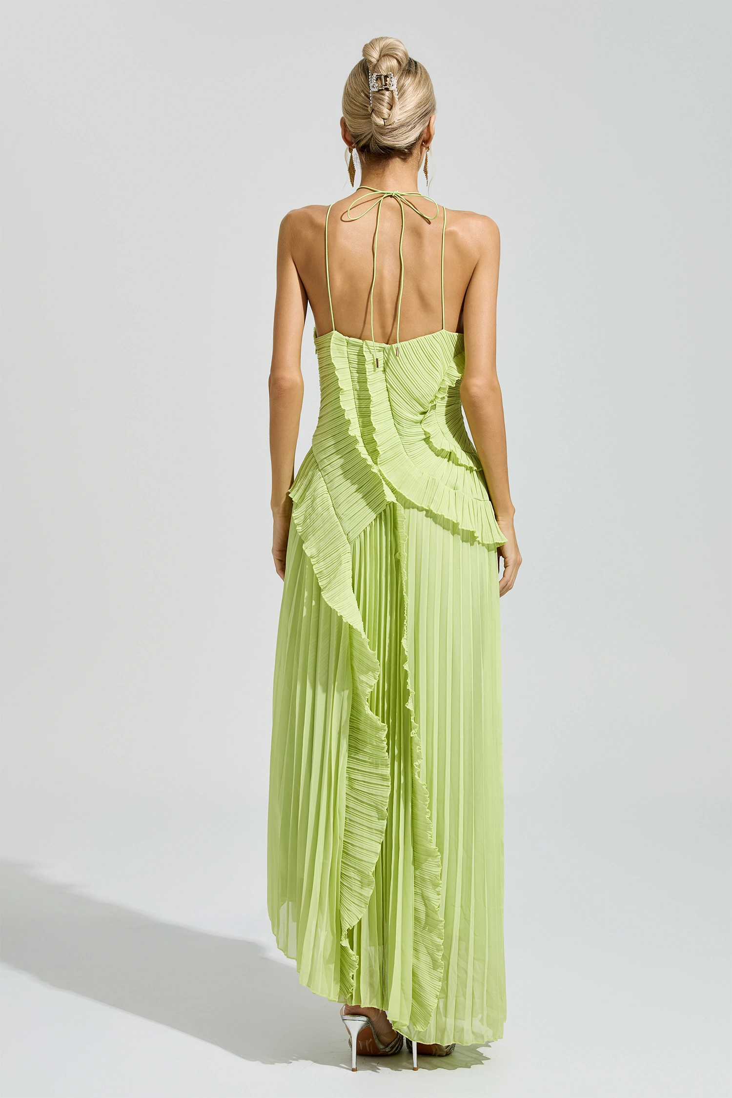 Moses Green Asymmetric Pleated Halter Dress