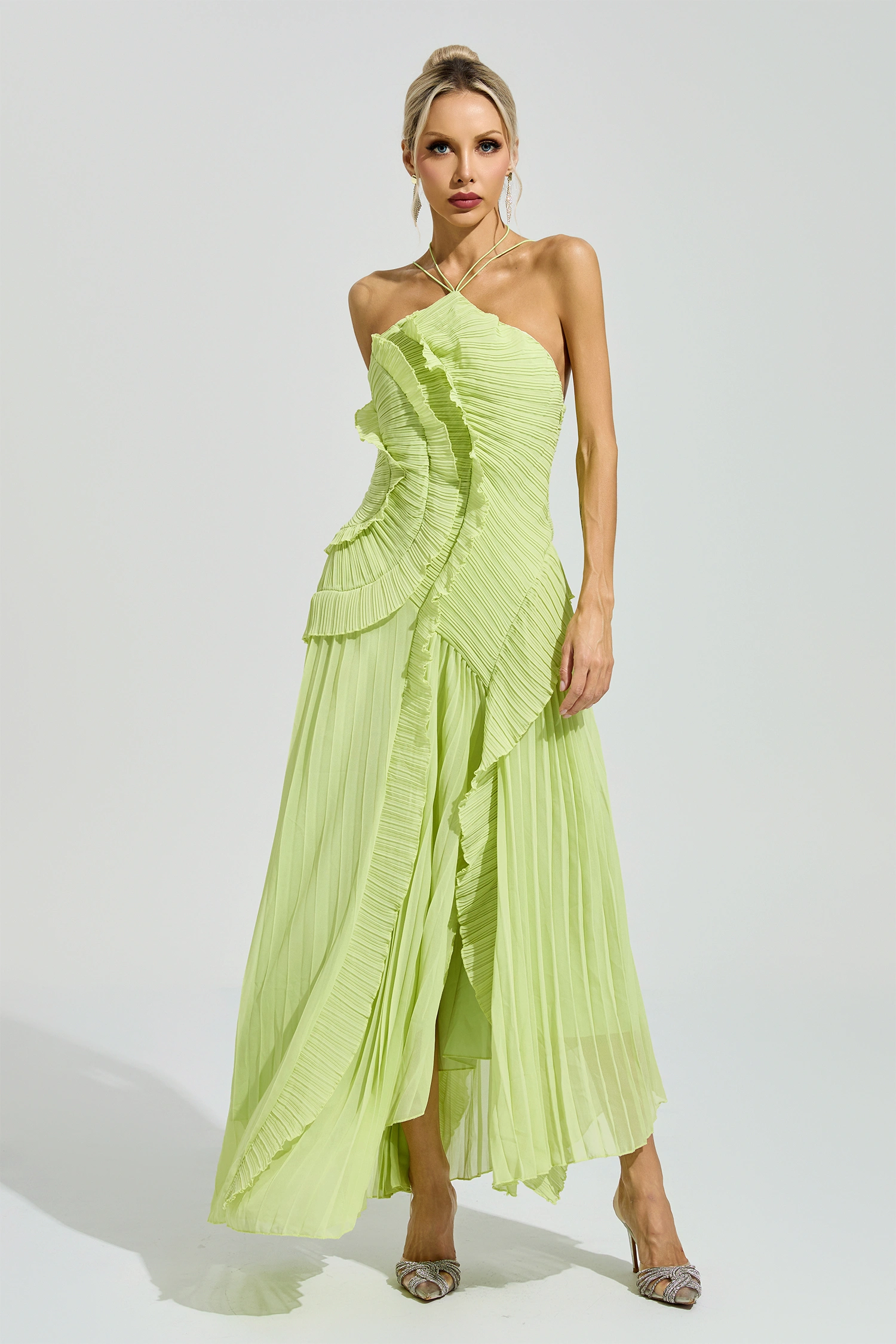Moses Green Asymmetric Pleated Halter Dress