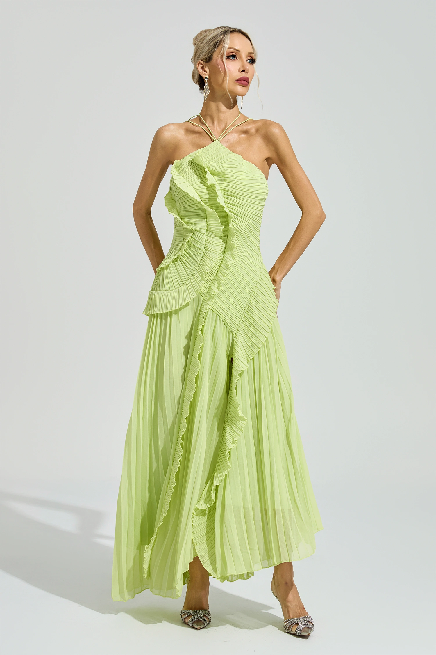 Moses Green Asymmetric Pleated Halter Dress