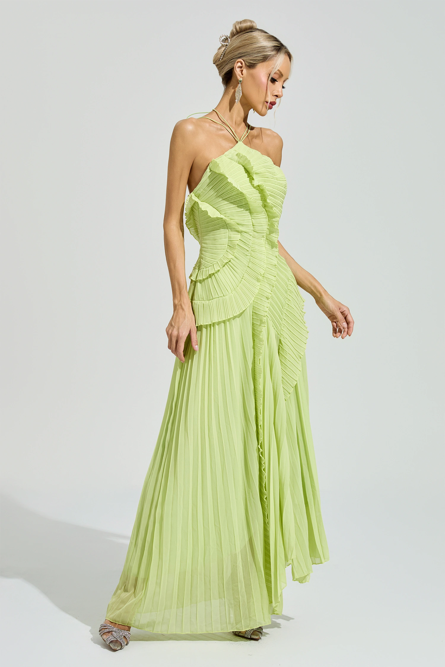 Moses Green Asymmetric Pleated Halter Dress