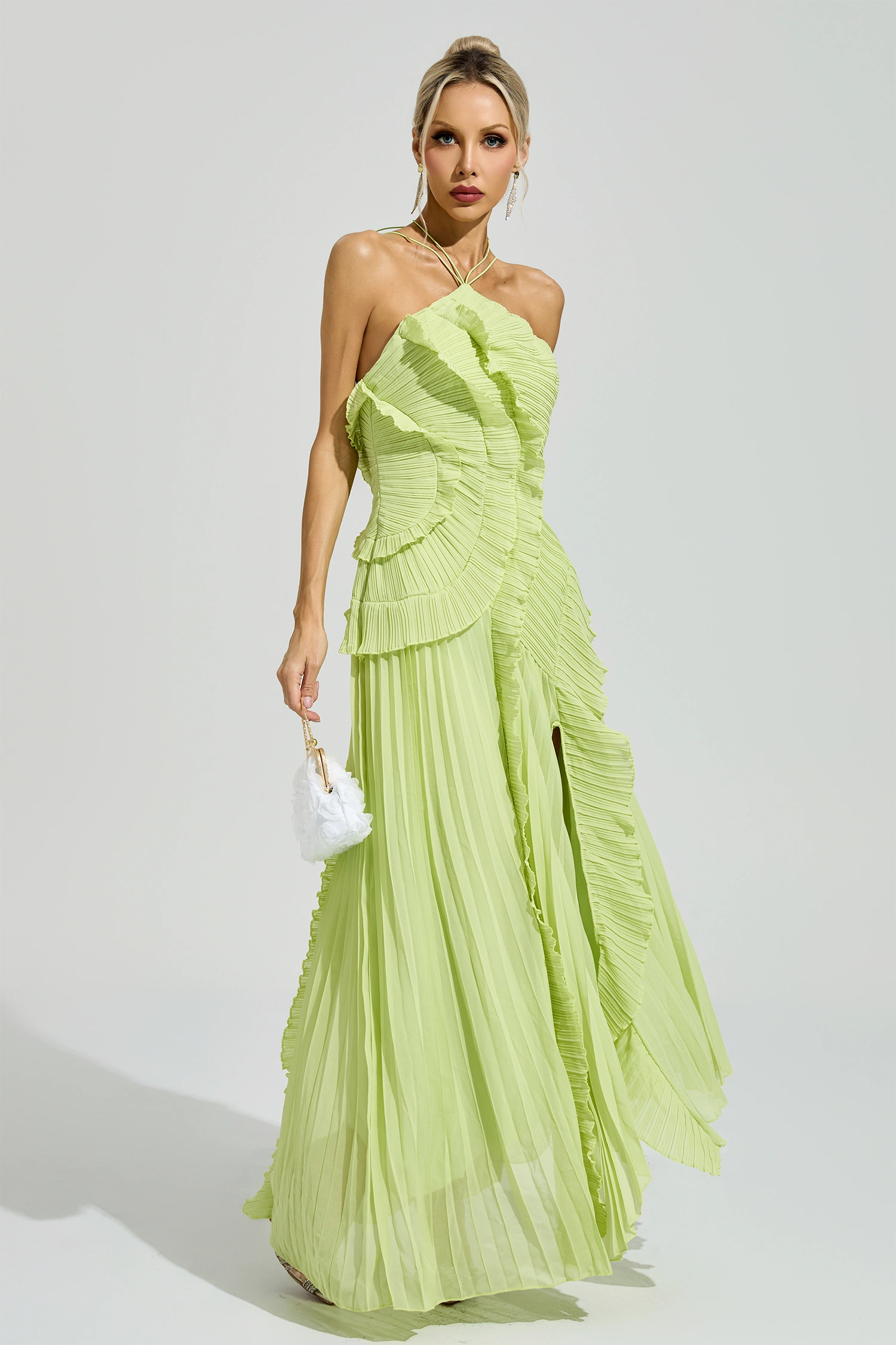 Moses Green Asymmetric Pleated Halter Dress