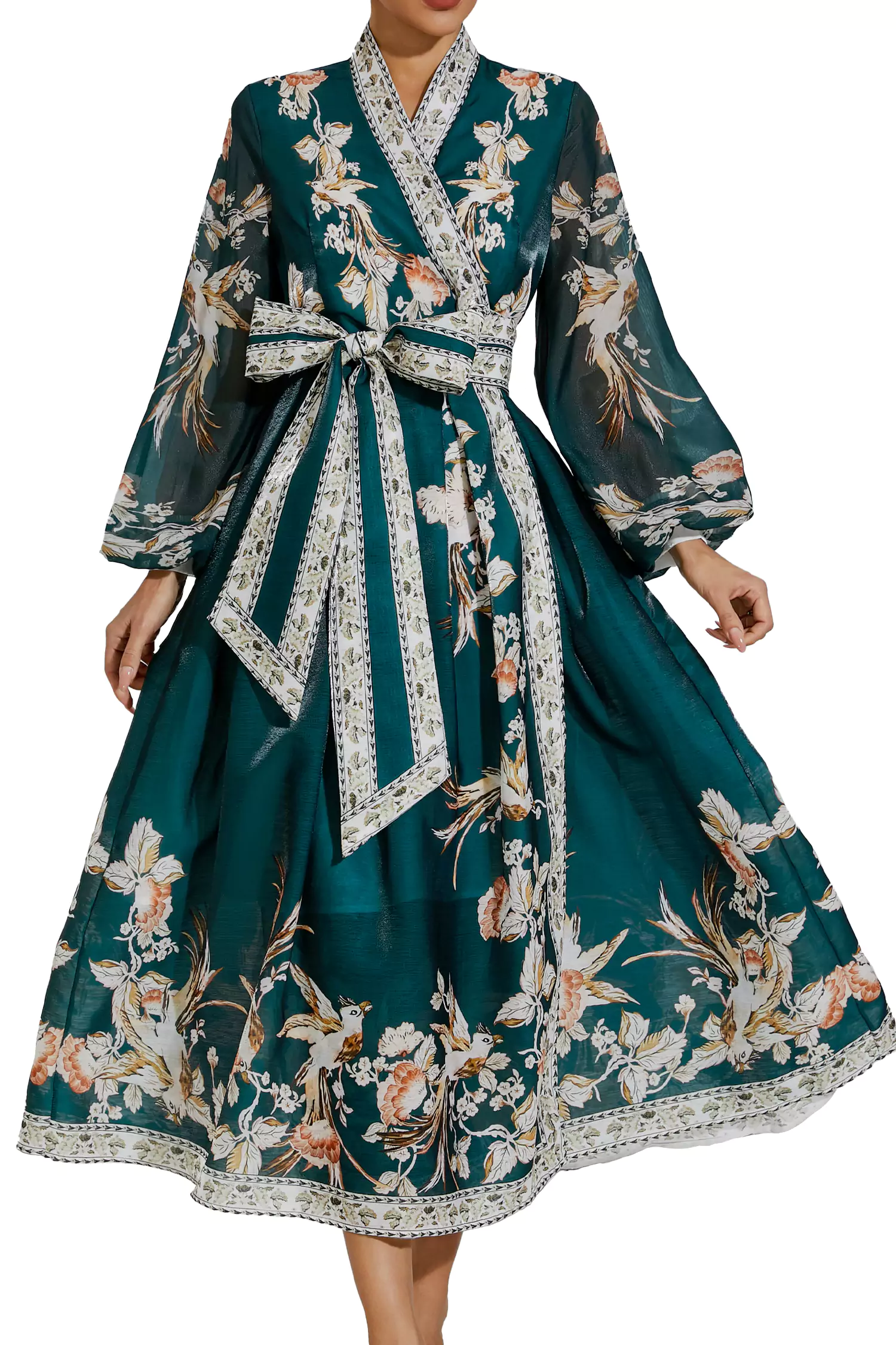 Miley Green Floral Belted Long Sleeve Dress-CATCHALL