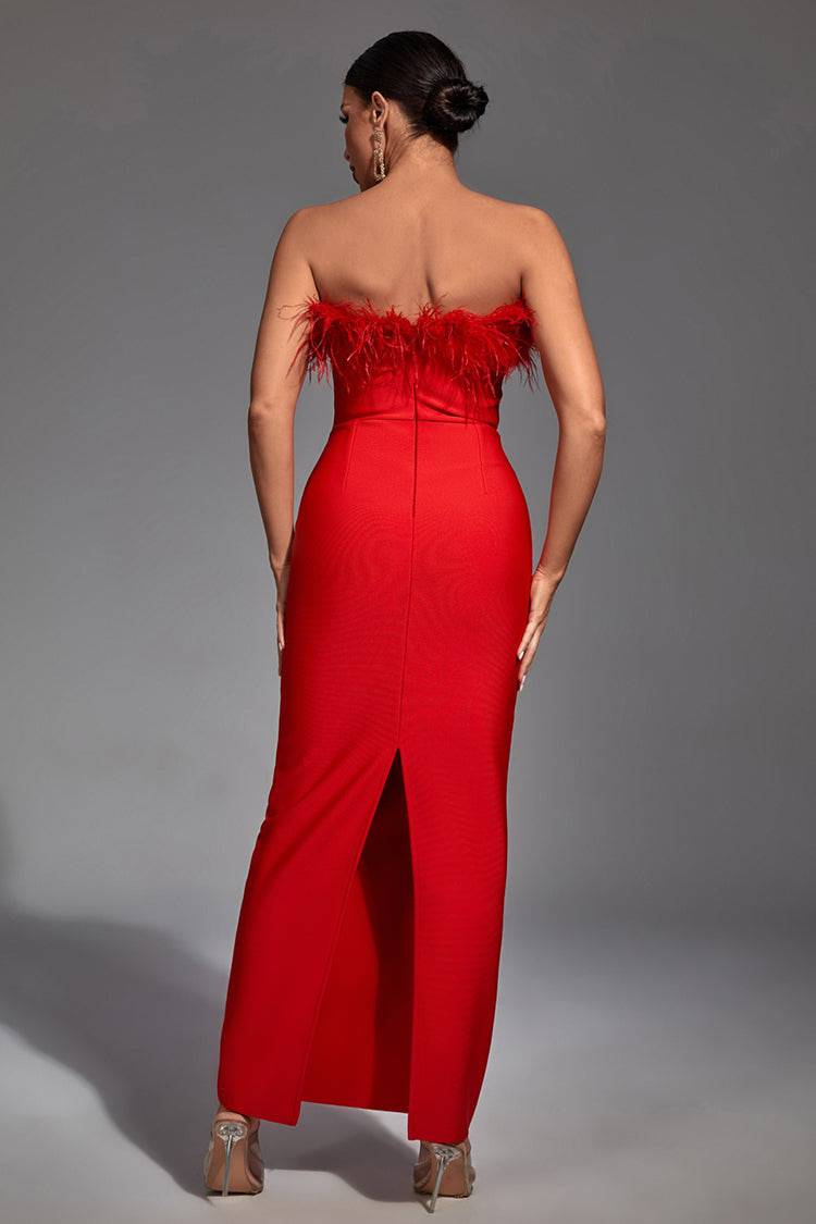 Naomi Red Feather Tassel Maxi Dress-CATCHALL