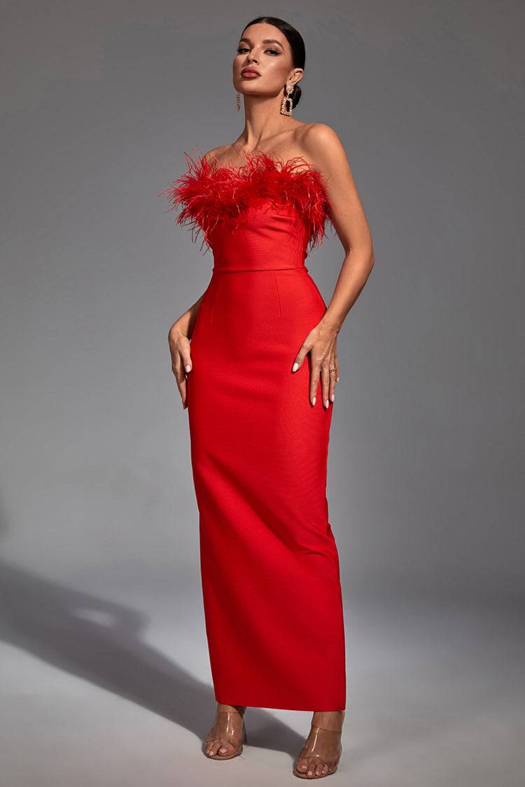 Naomi Red Feather Tassel Maxi Dress-CATCHALL