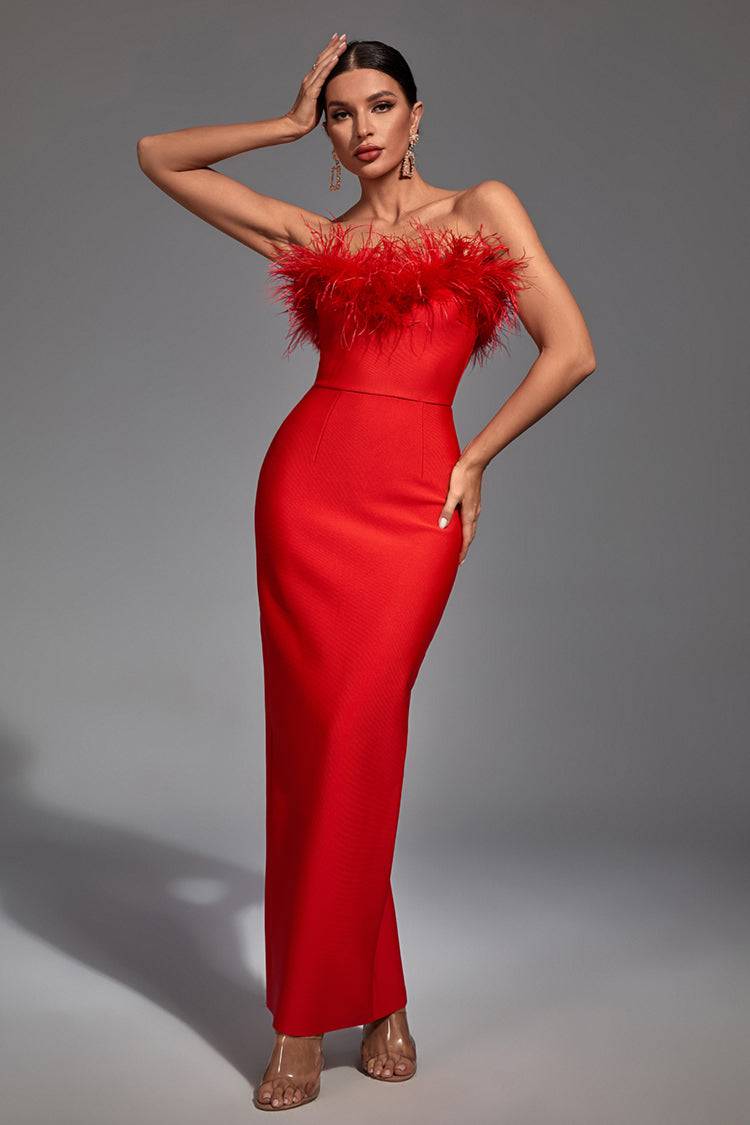 Naomi Red Feather Tassel Maxi Dress - Catchall