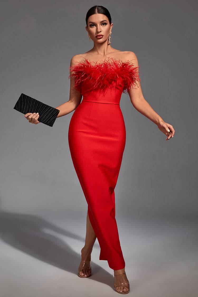 Naomi Red Feather Tassel Maxi Dress-CATCHALL
