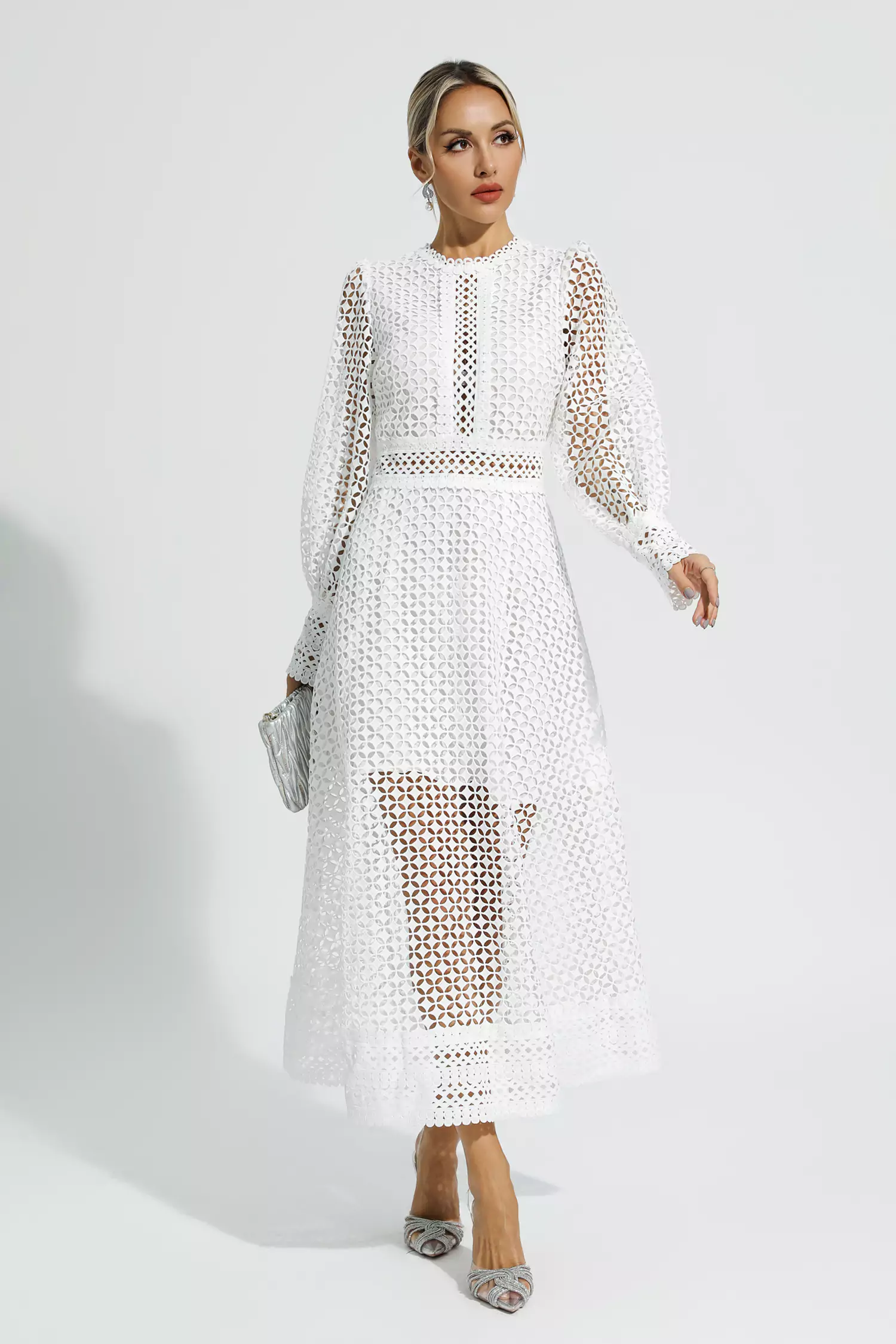 Monroe White Hollow Long Sleeve Maxi Dress