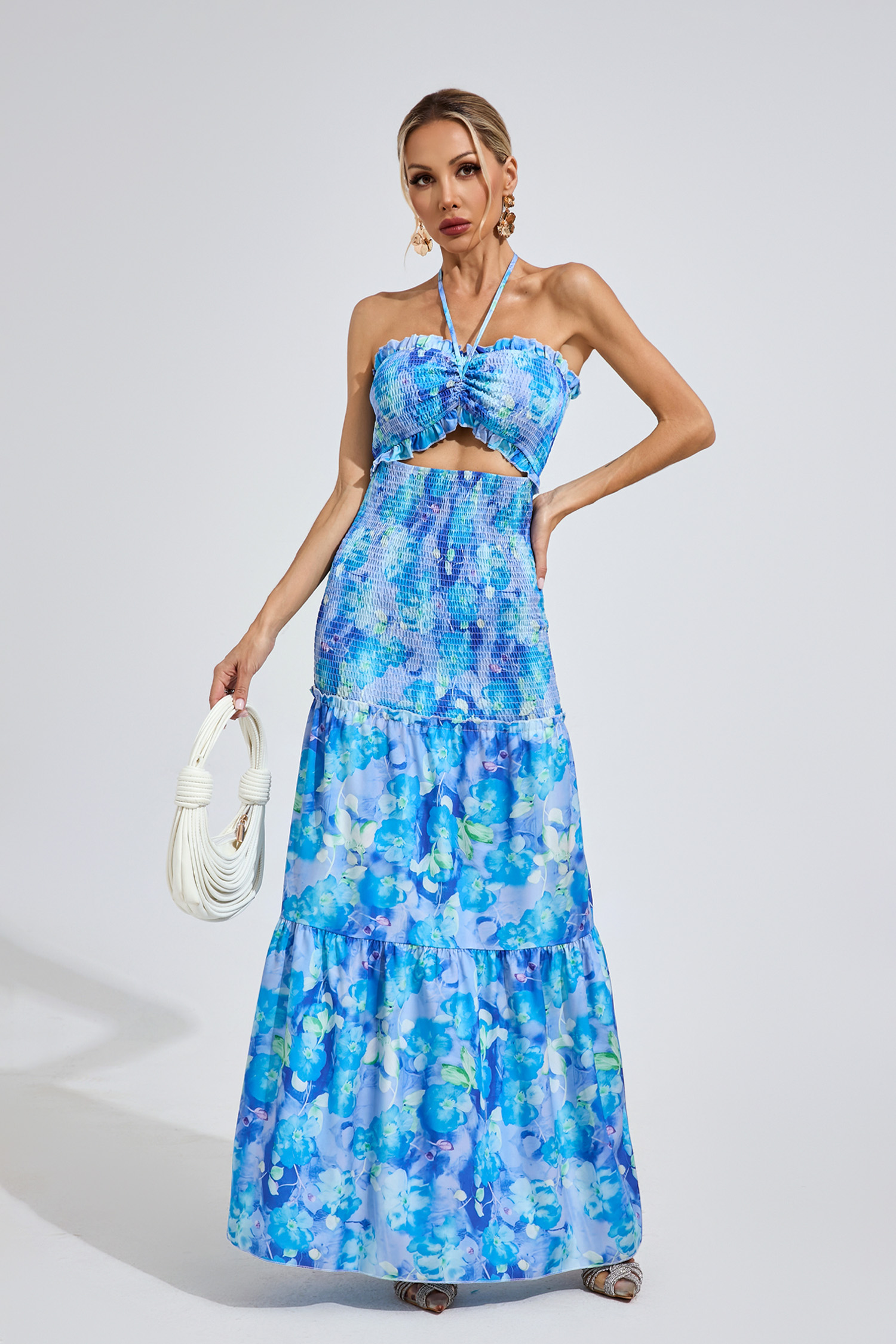 Jenkins Sapphire Blue RUFFLE Halternecck Dress