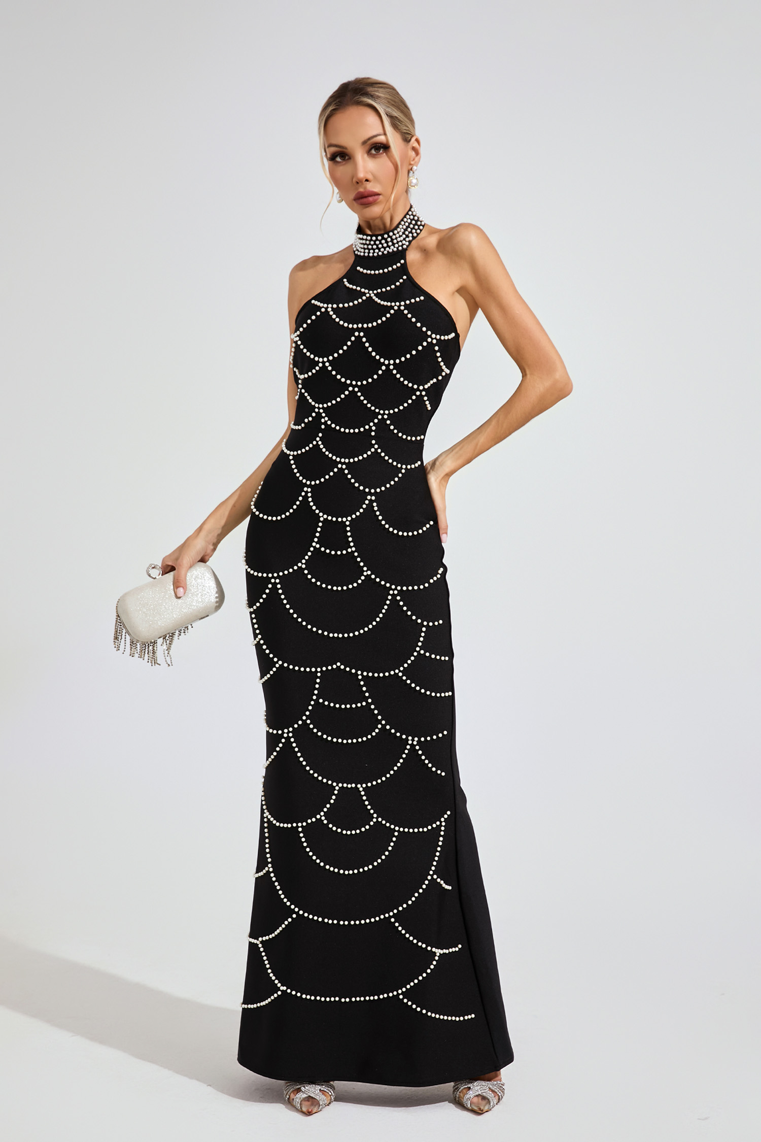 Iris Black Pearl Halter Bandage Maxi Dress