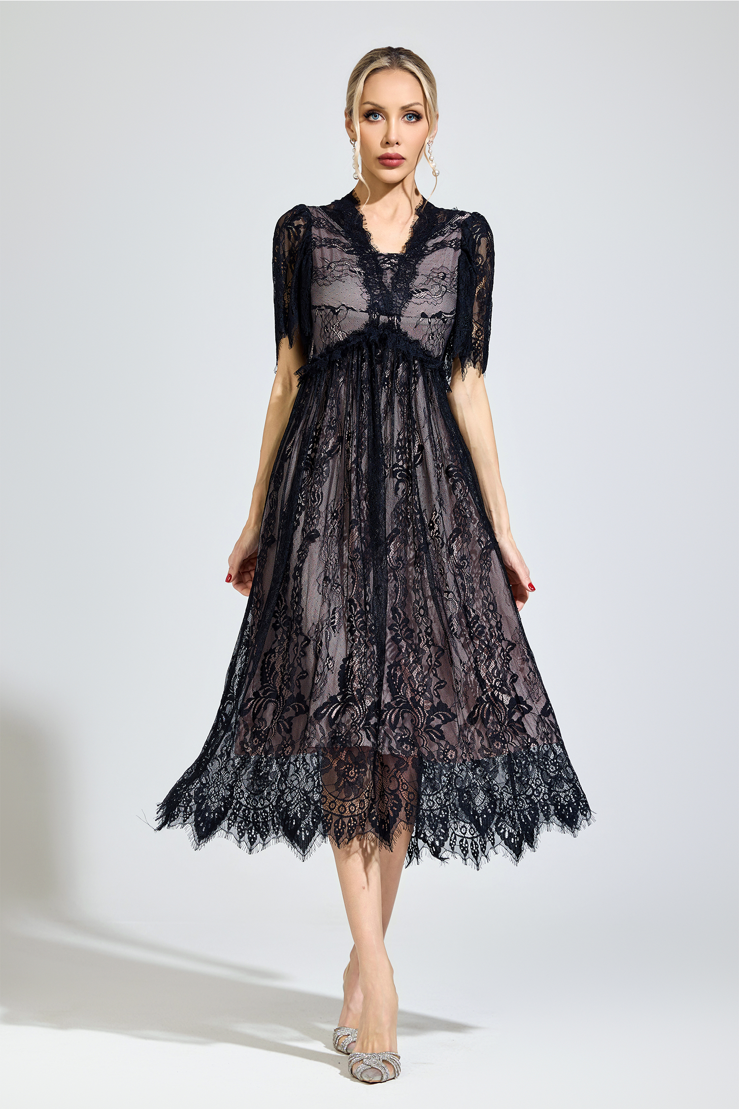 Descartes Black Lace V-Neck Dress