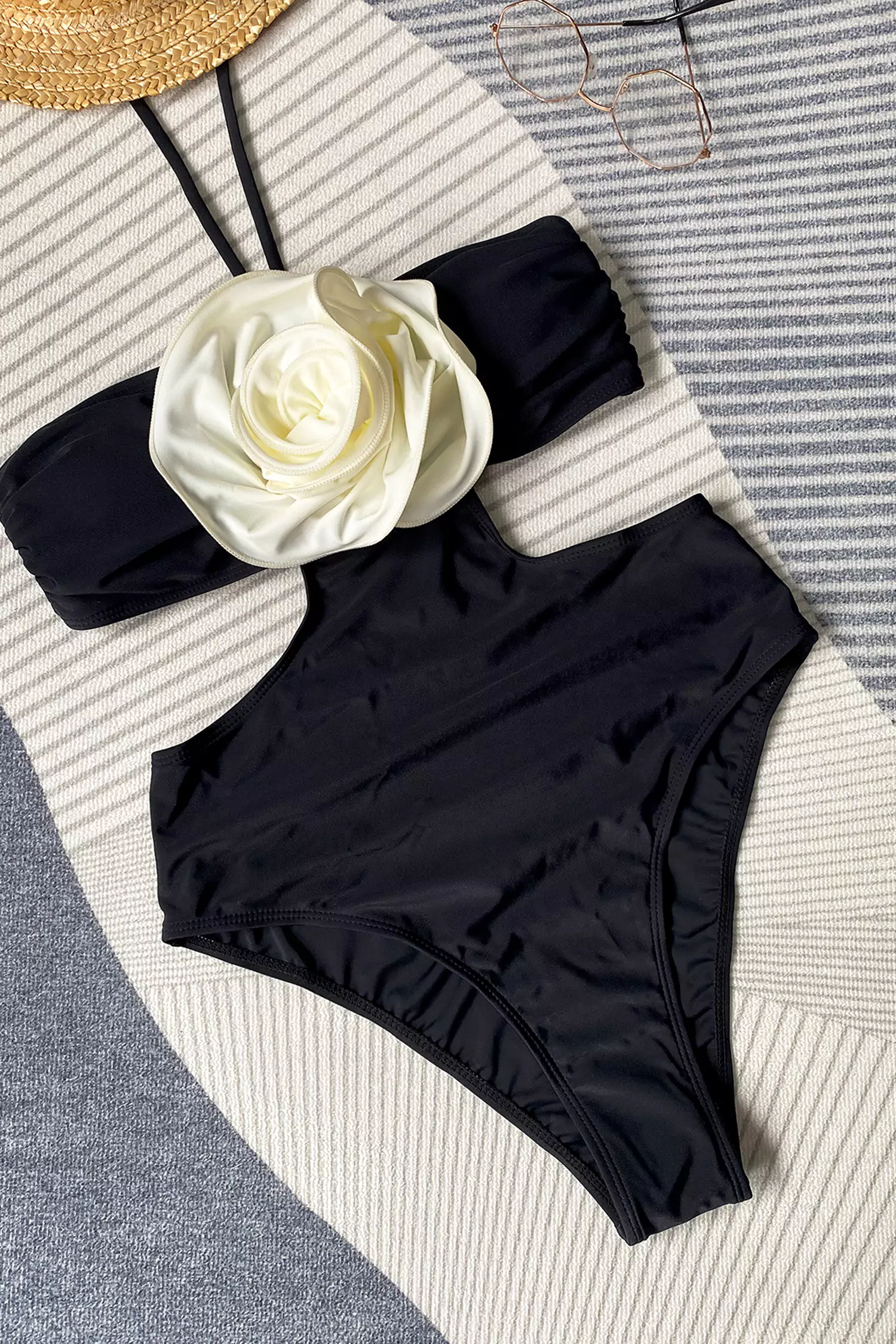 Nancy Black Roses Halter Swimwear-CATCHALL