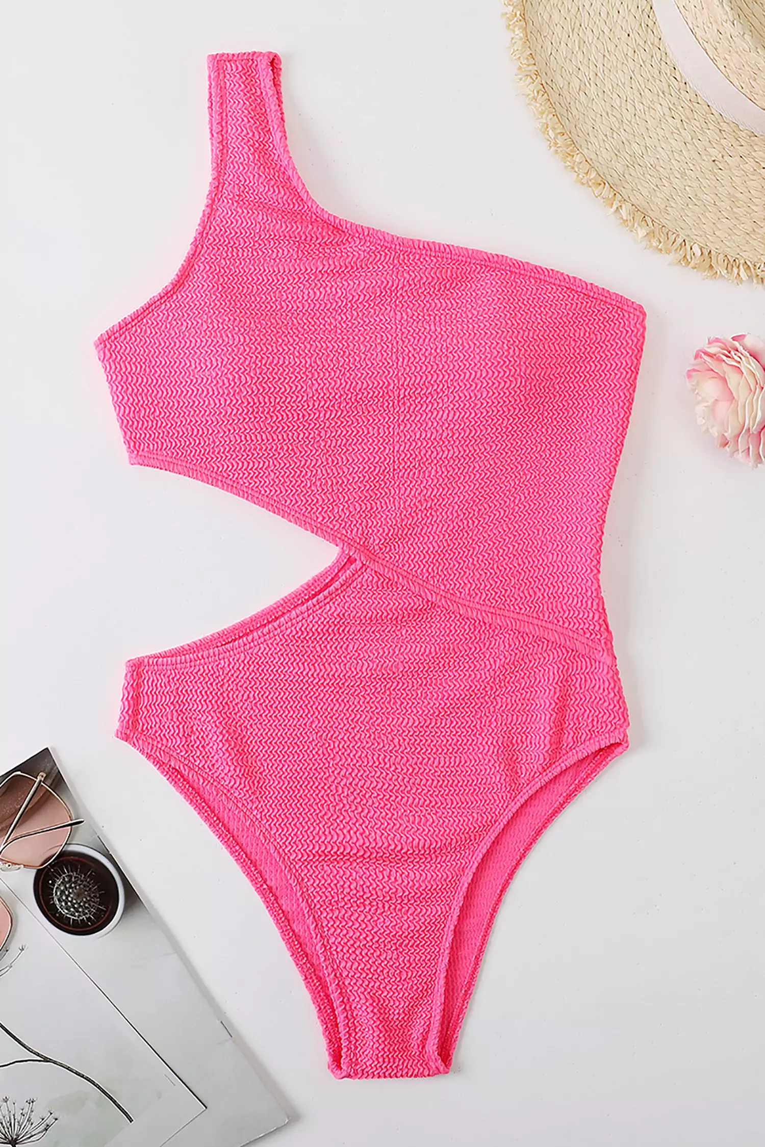 Amaris Pink One Shoulder Cut Our Swimwear-CATCHALL