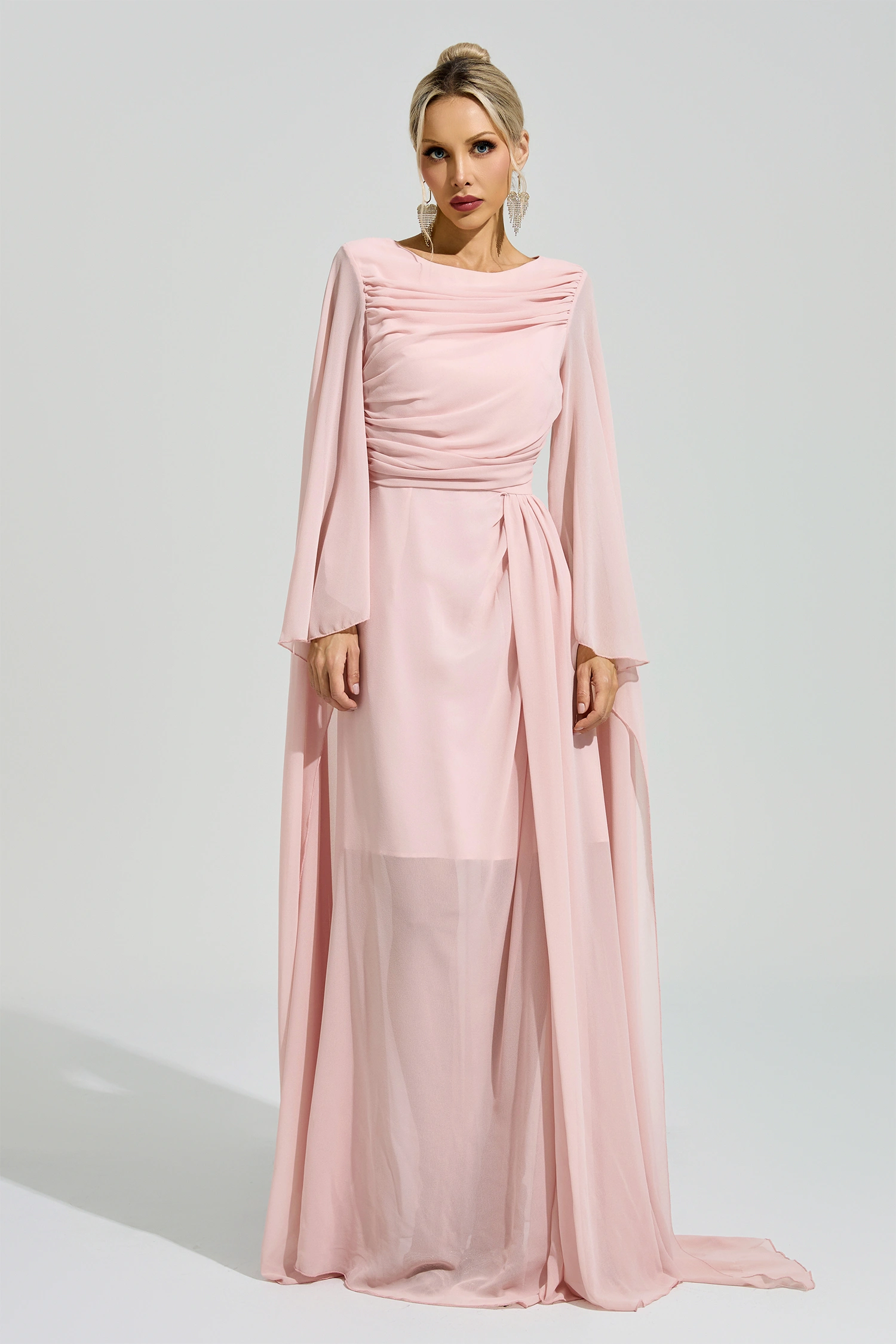 Duras Pink Cape Sleeve Formal Dress