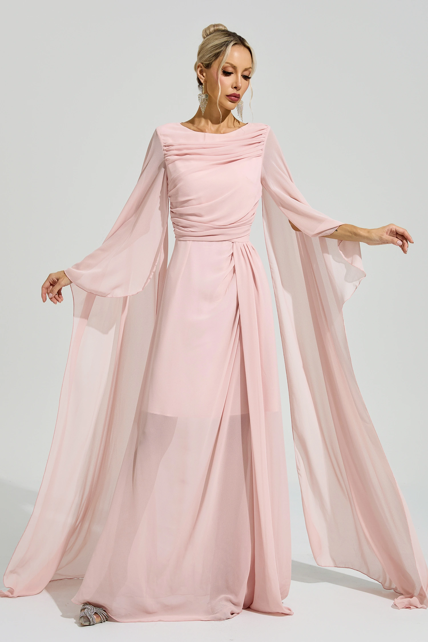 Duras Pink Cape Sleeve Formal Dress