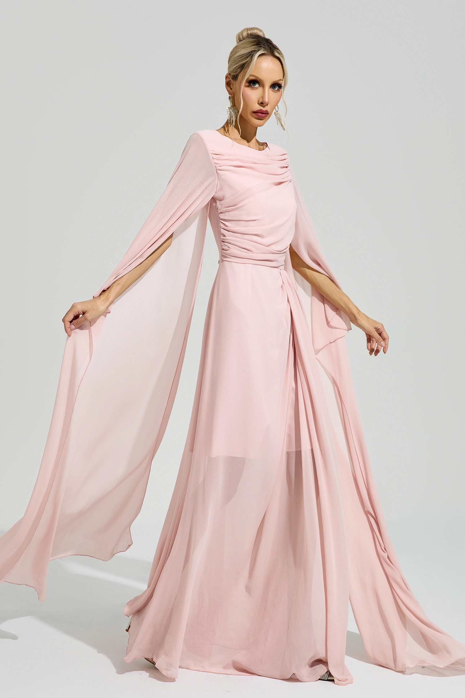 Duras Pink Cape Sleeve Formal Dress
