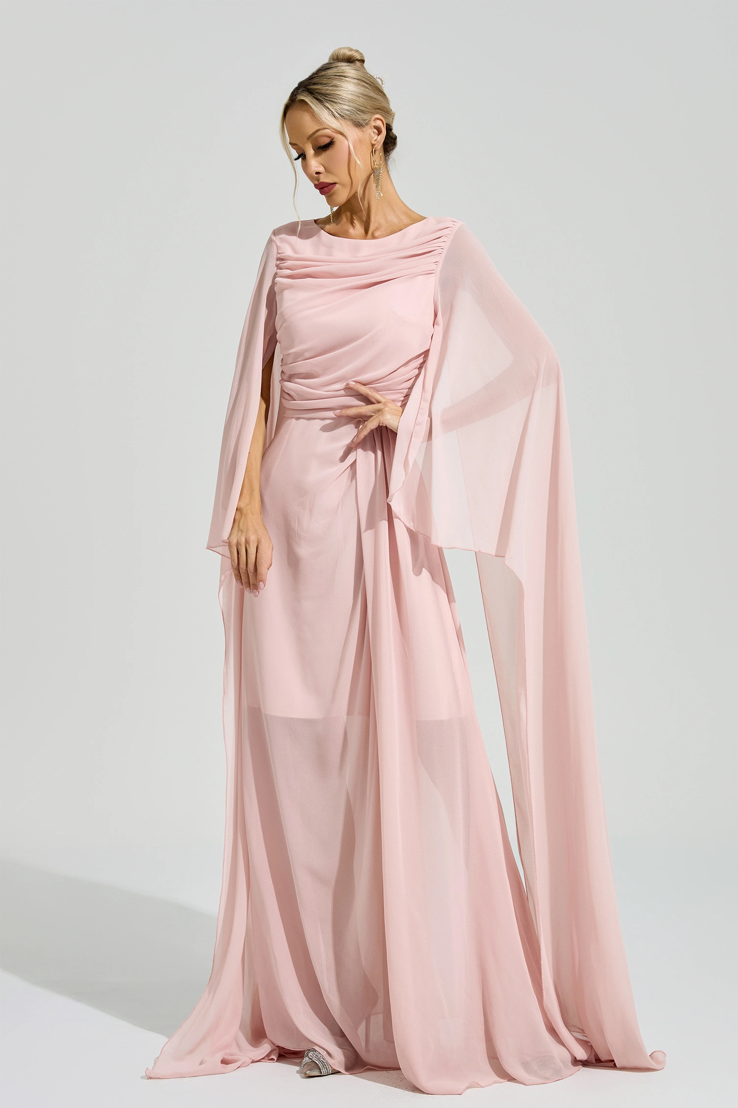 Duras Pink Cape Sleeve Formal Dress