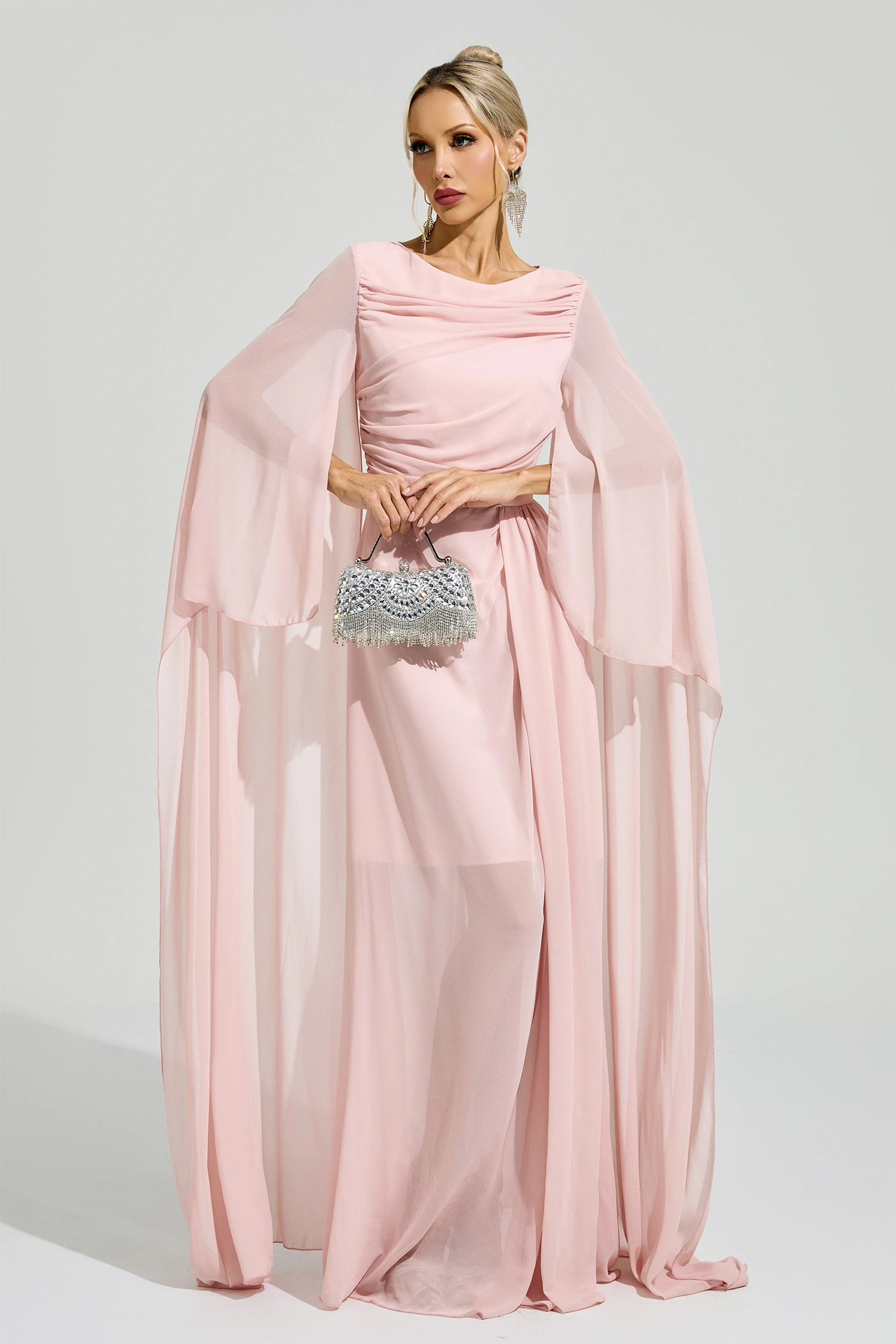 Duras Pink Cape Sleeve Formal Dress