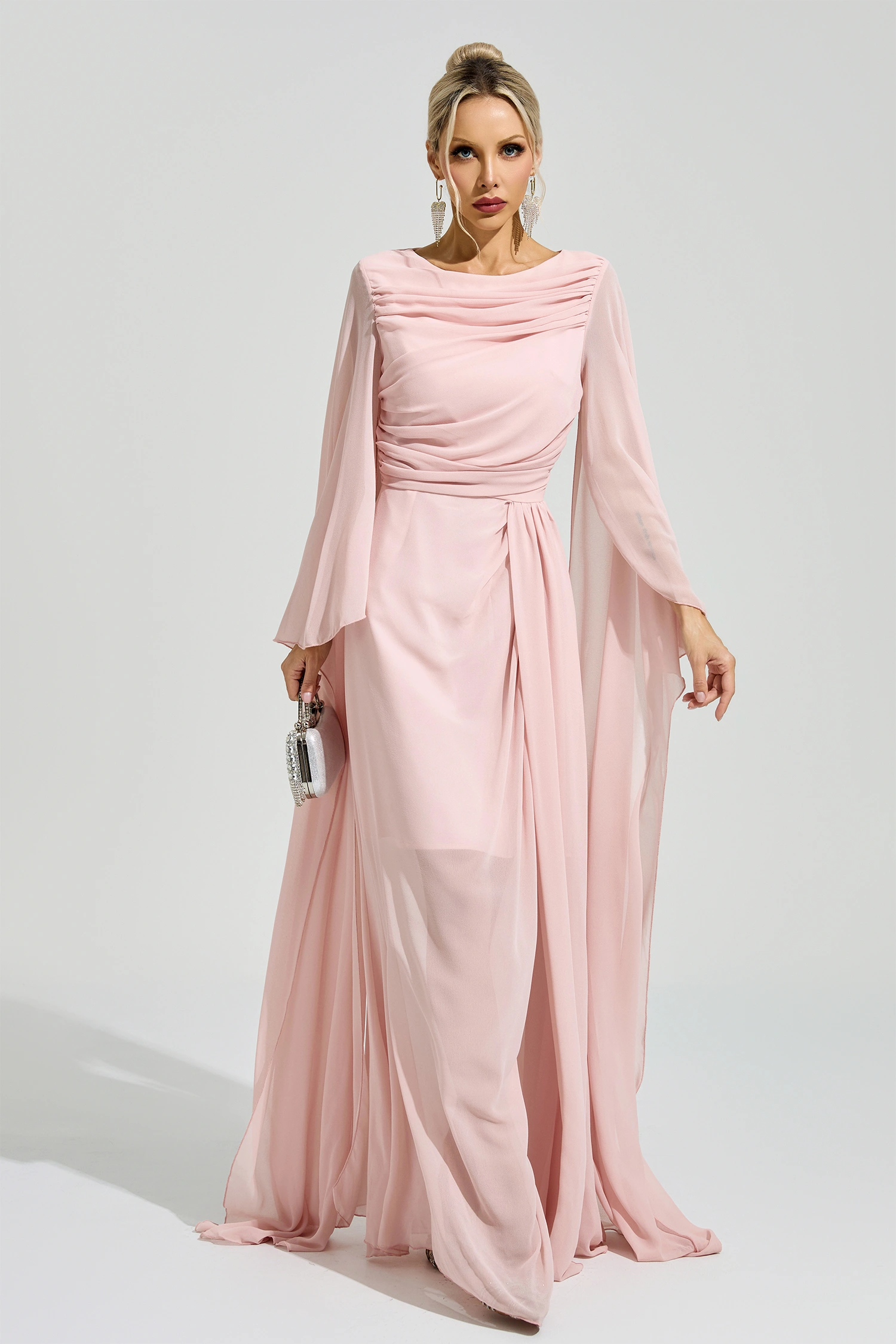 Duras Pink Cape Sleeve Formal Dress