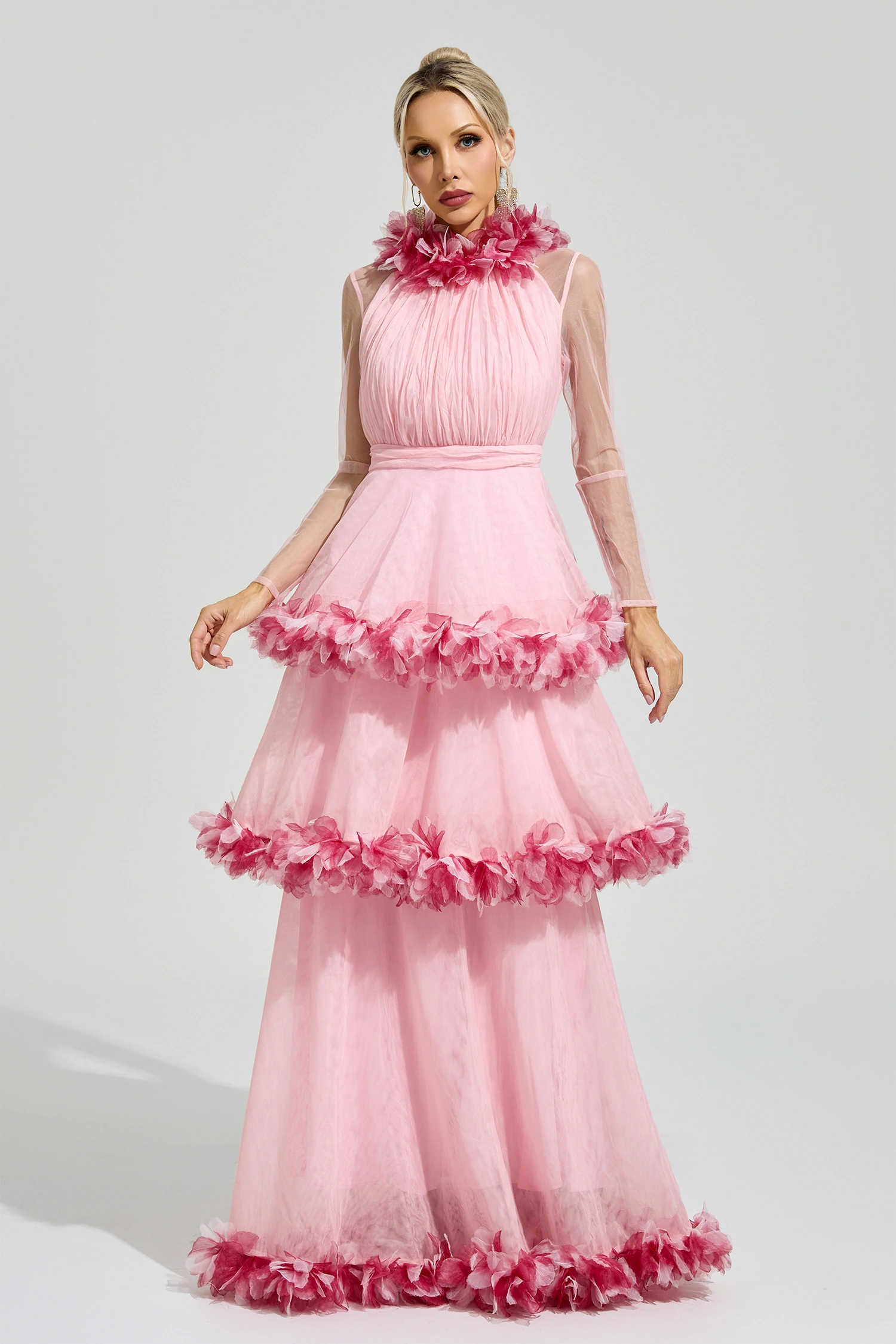 Mandlebrot Pink 3D Floral Maxi Dress