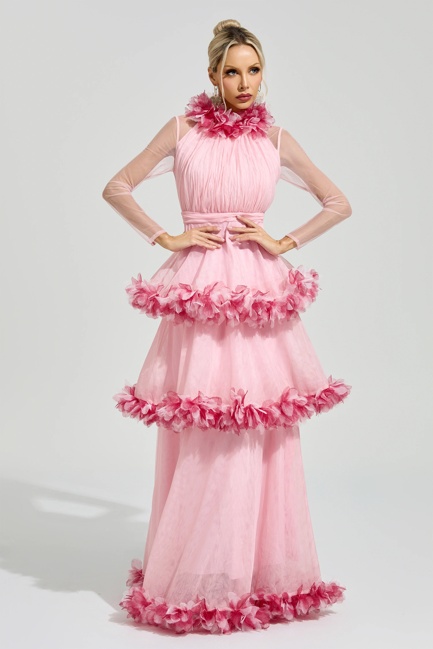 Mandlebrot Pink 3D Floral Maxi Dress