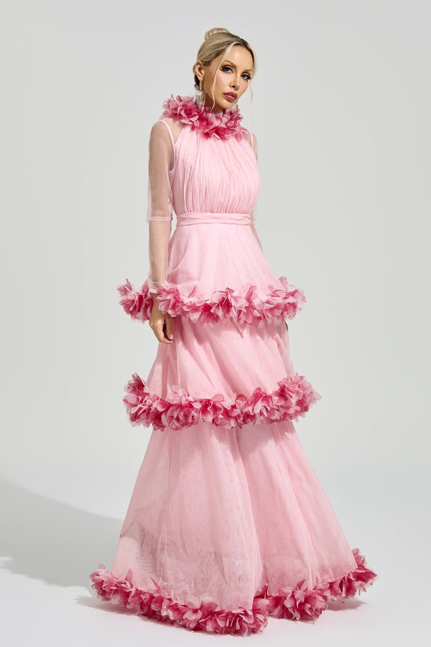 Mandlebrot Pink 3D Floral Maxi Dress