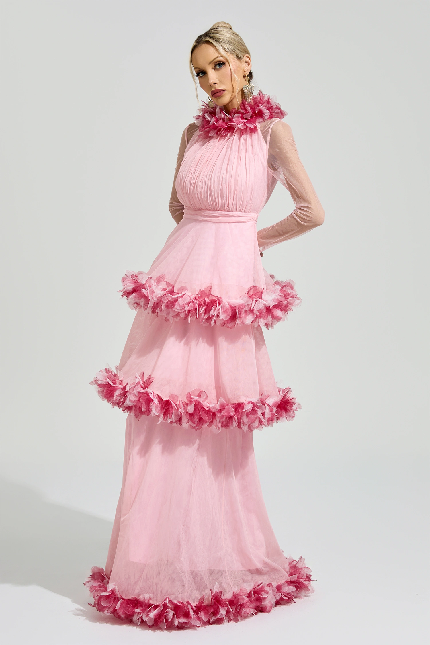 Mandlebrot Pink 3D Floral Maxi Dress