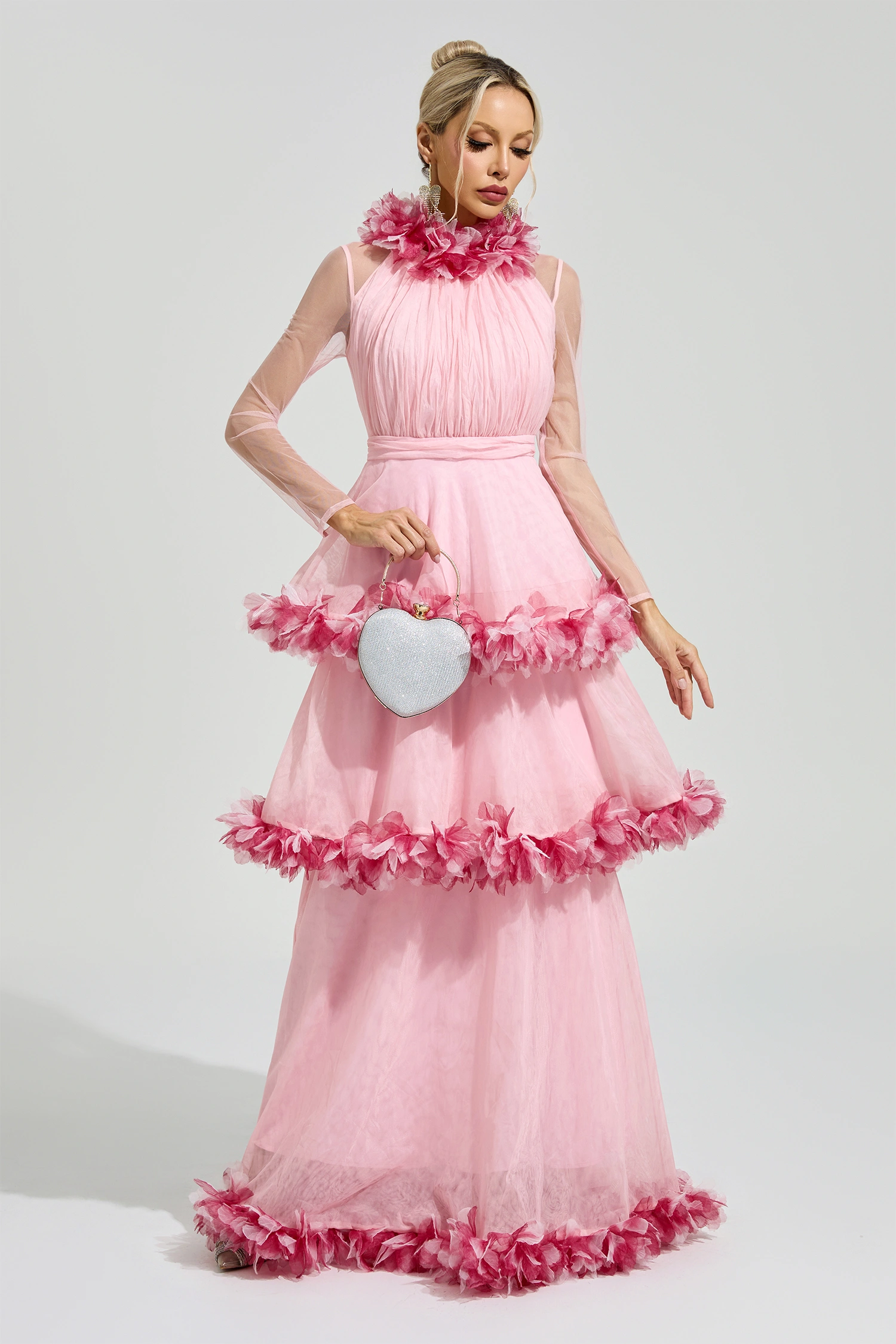 Mandlebrot Pink 3D Floral Maxi Dress