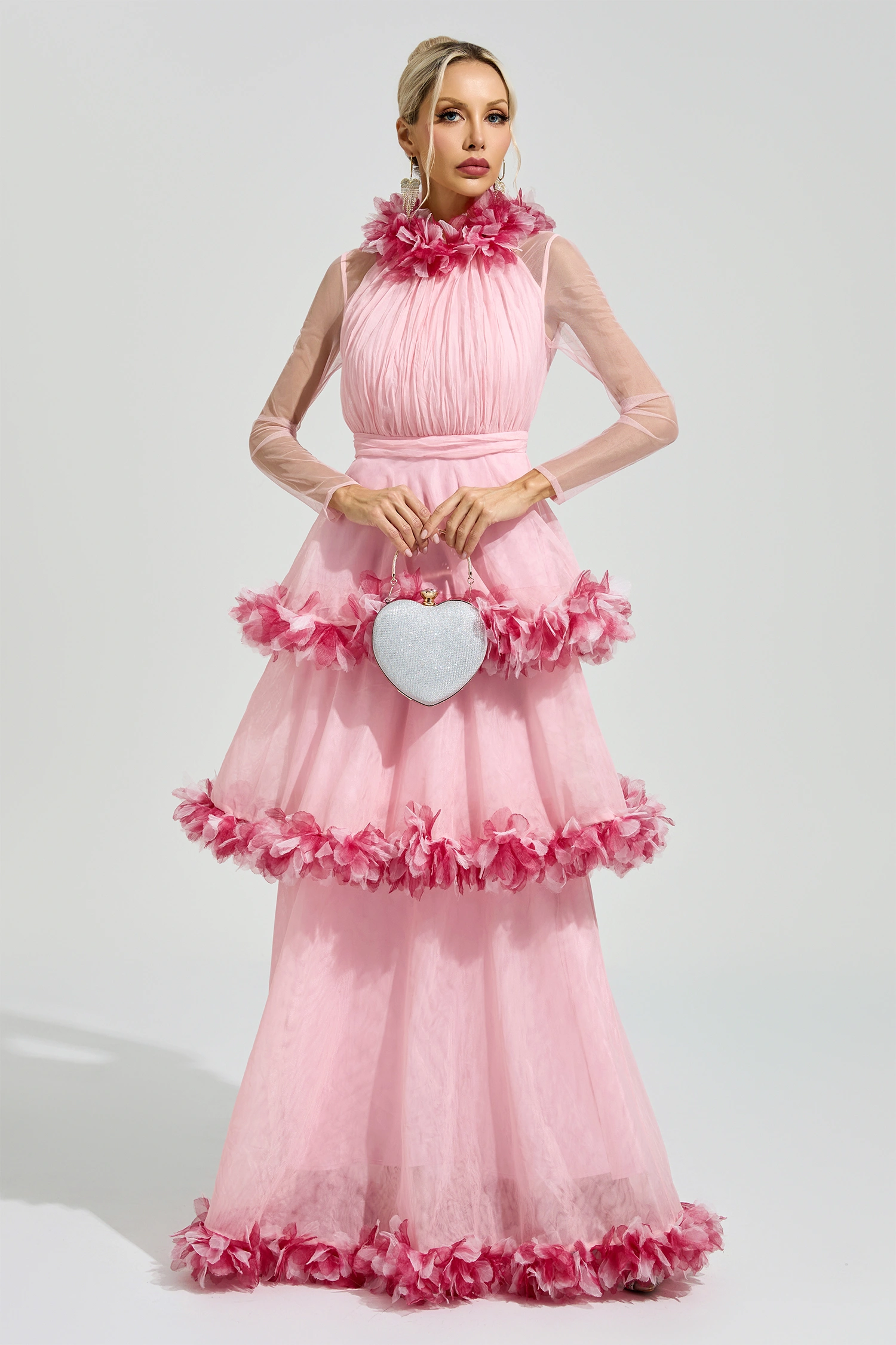 Mandlebrot Pink 3D Floral Maxi Dress