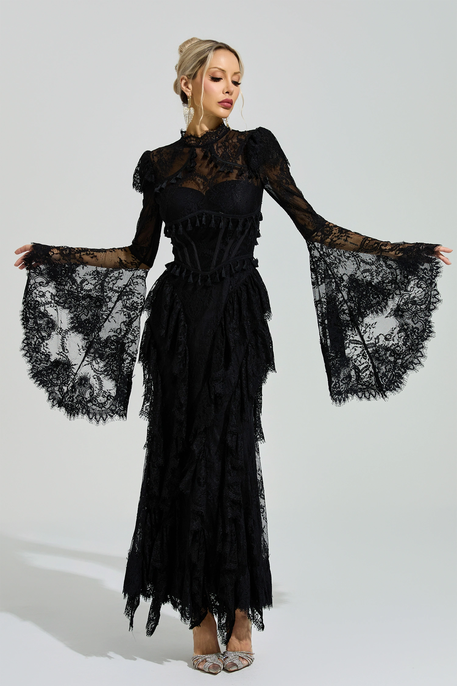 Ricoeur Black Floral Lace Maxi Dress
