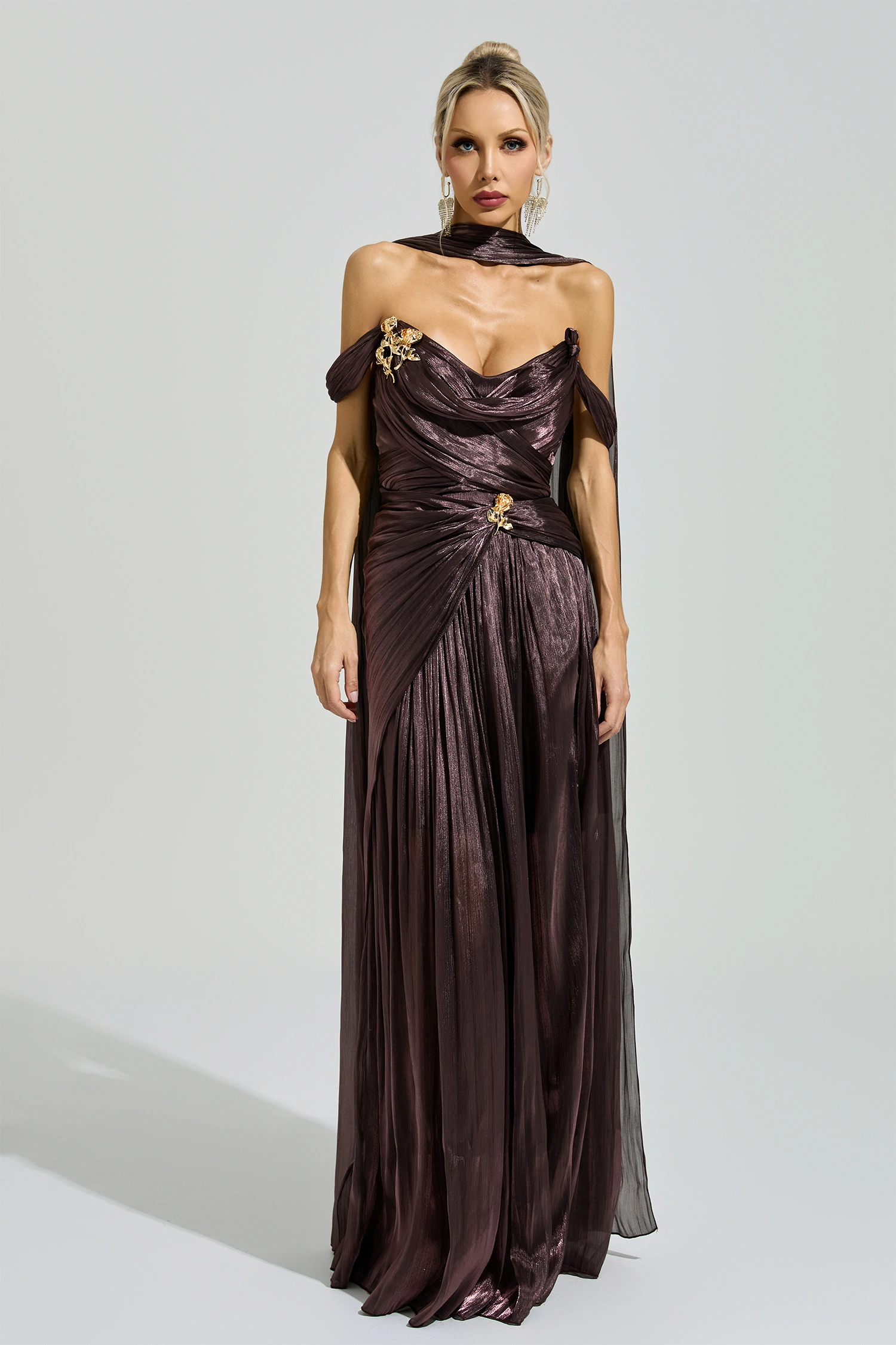 Hypatia Brown Satin Neck Maxi Dress