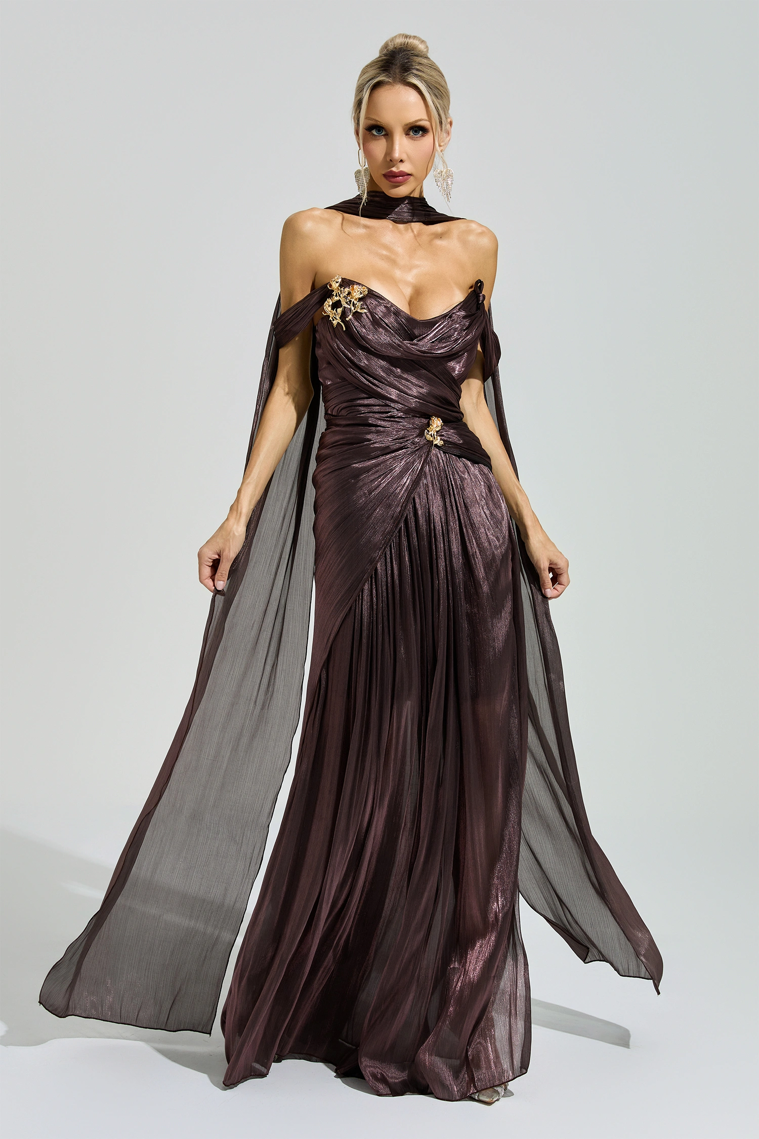 Hypatia Brown Satin Neck Maxi Dress