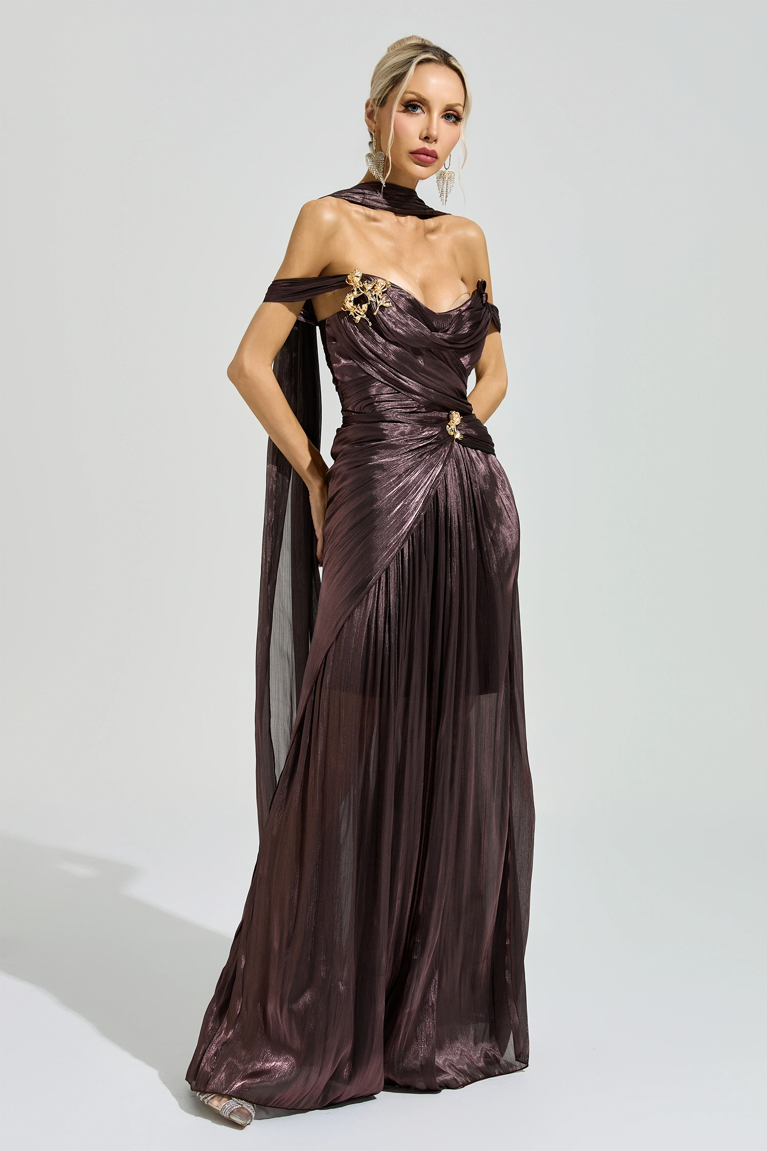 Hypatia Brown Satin Neck Maxi Dress