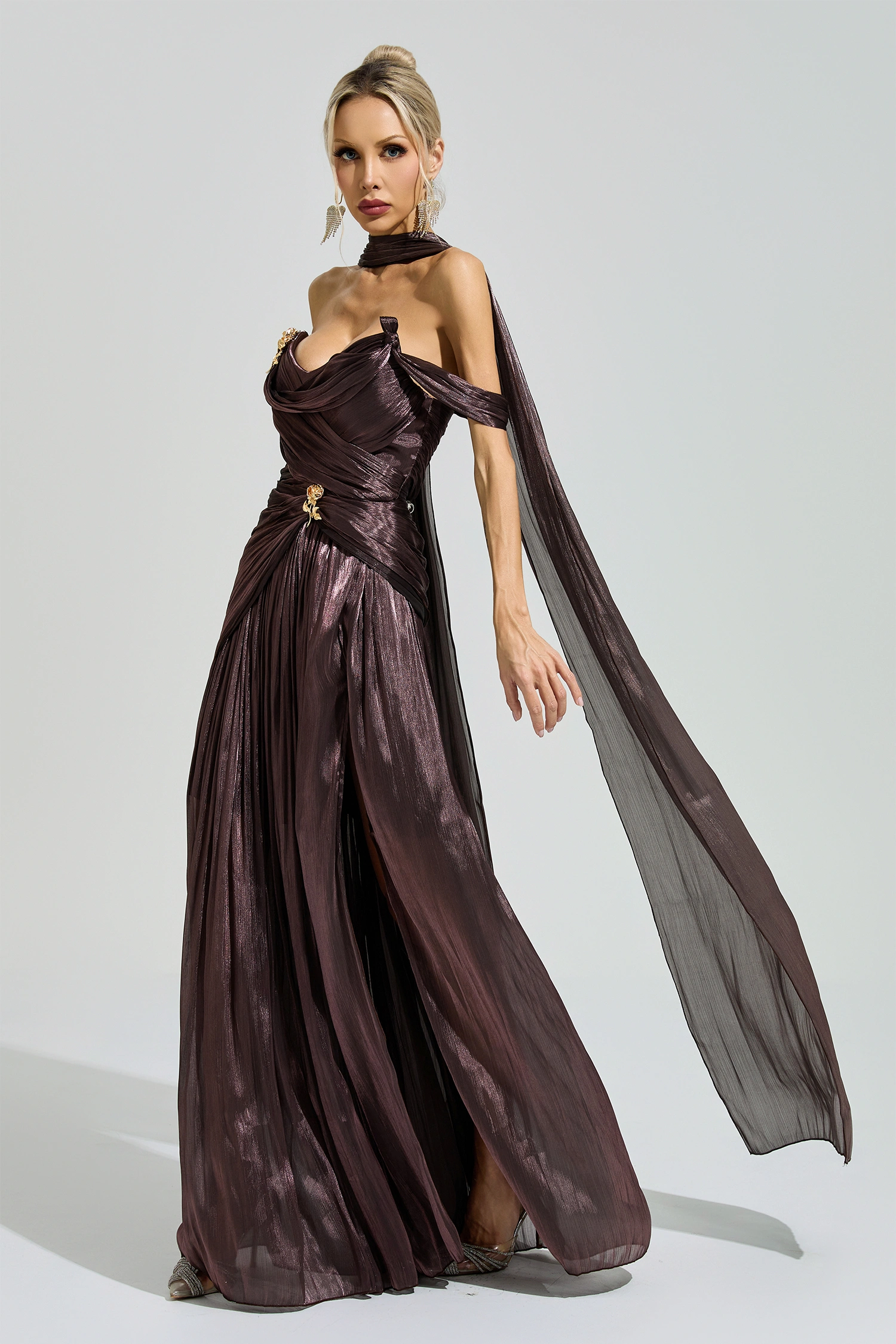 Hypatia Brown Satin Neck Maxi Dress