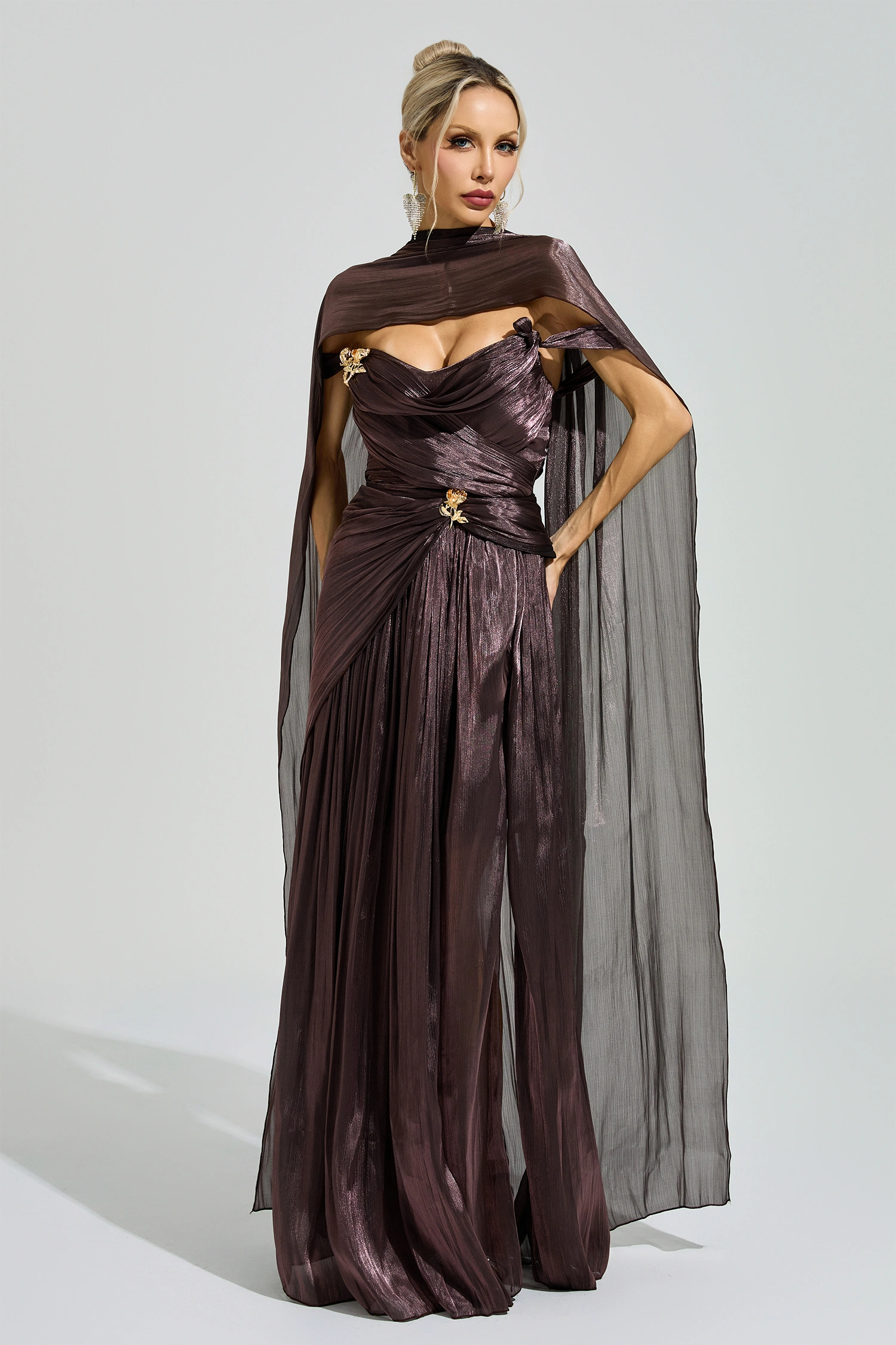 Hypatia Brown Satin Neck Maxi Dress