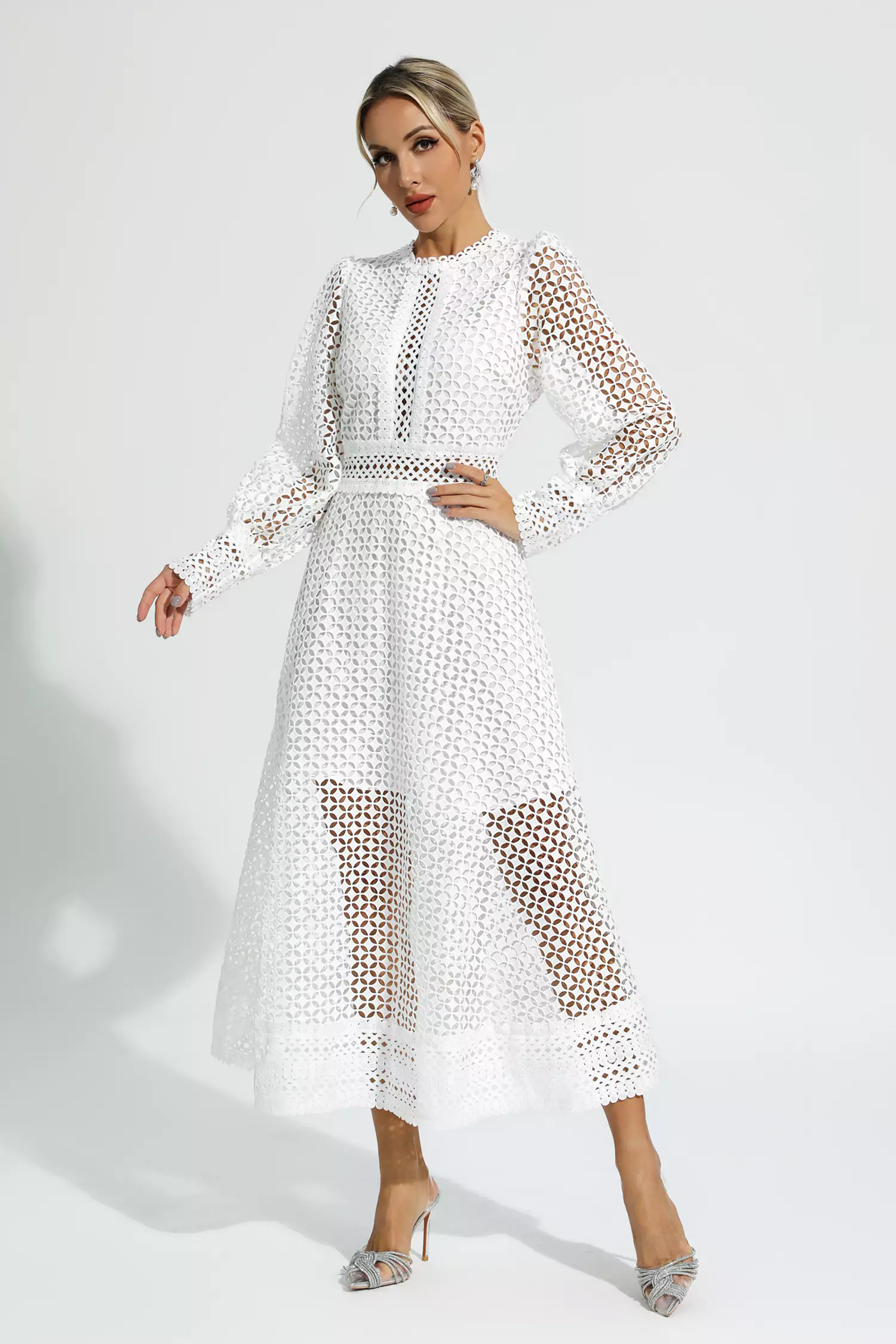 Monroe White Hollow Long Sleeve Maxi Dress-CATCHALL