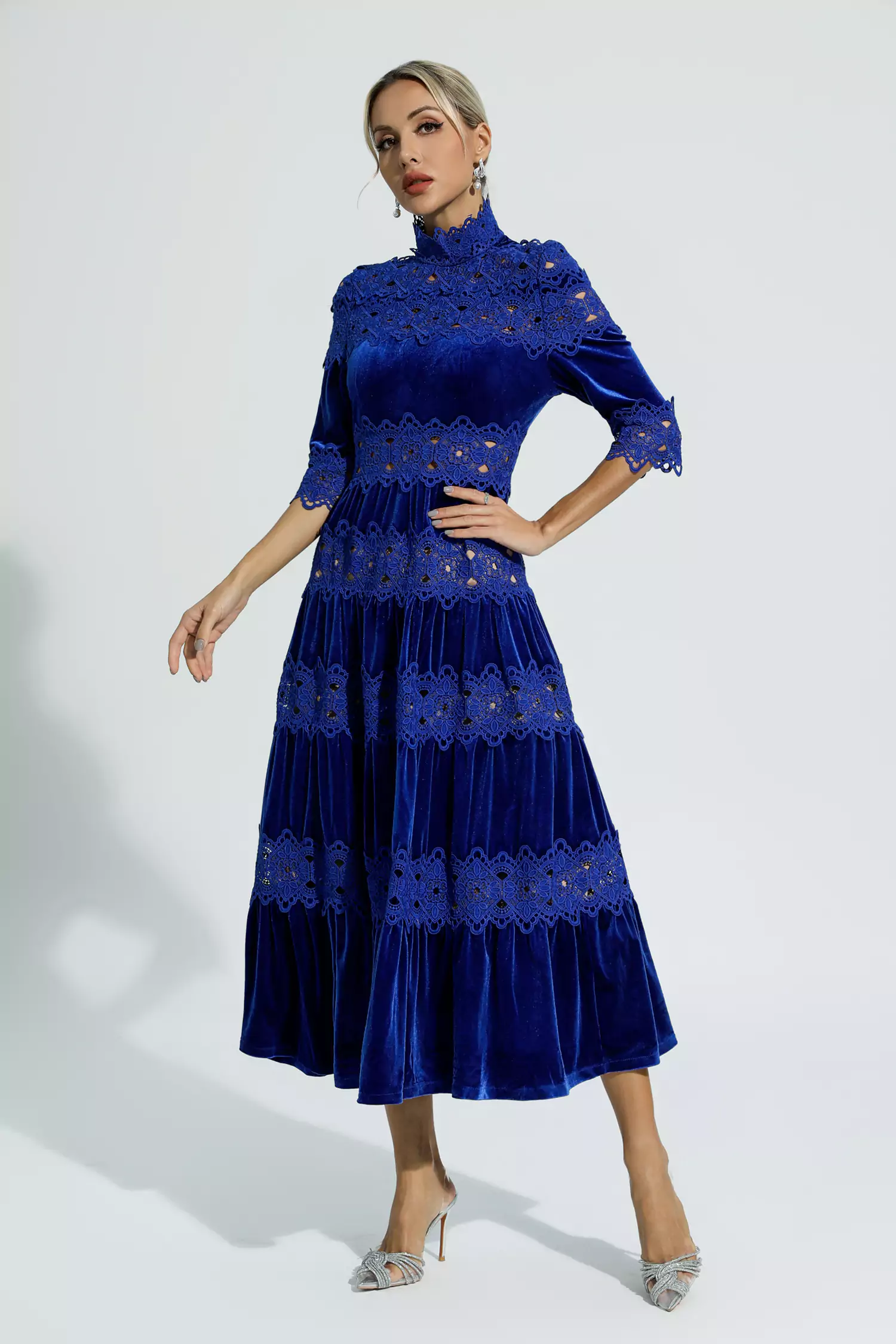 Henley Blue Cut Out Long Sleeve Dress-CATCHALL