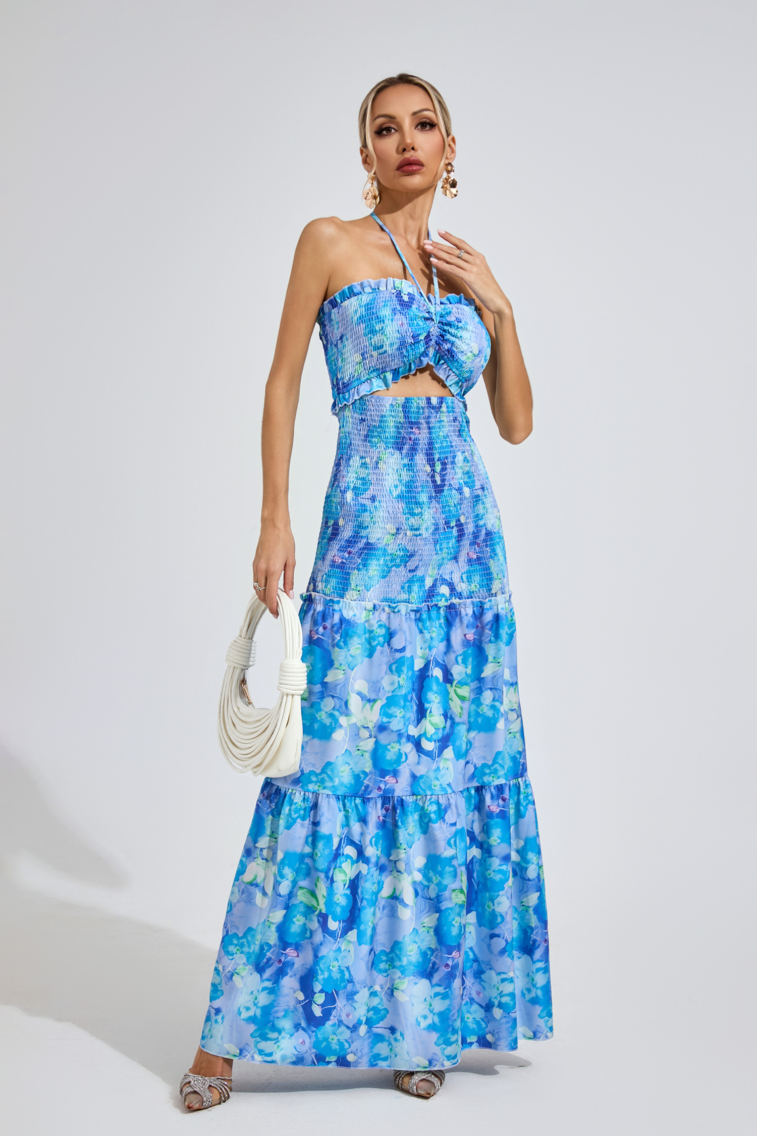 Jenkins Sapphire Blue RUFFLE Halternecck Dress