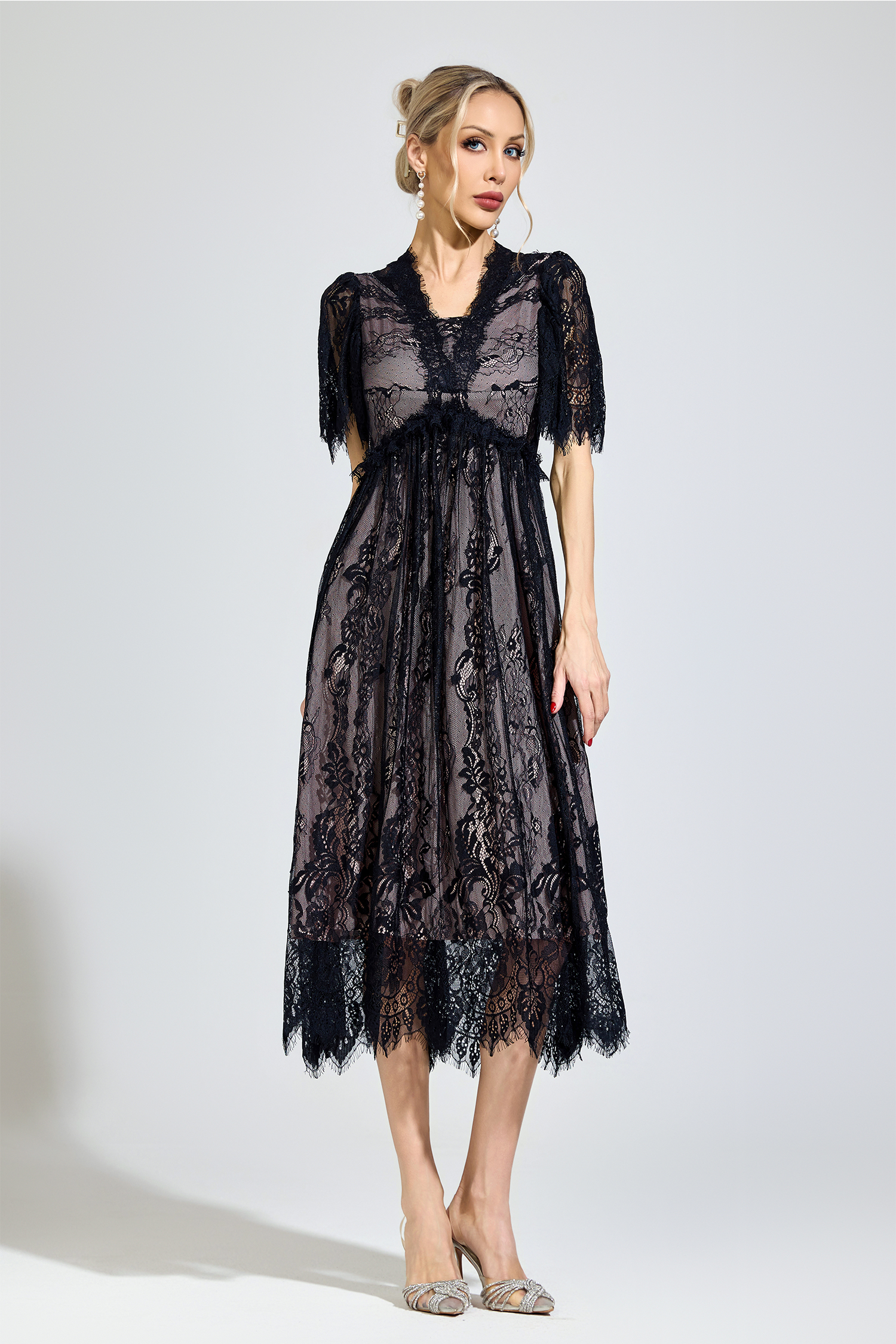 Descartes Black Lace V-Neck Dress
