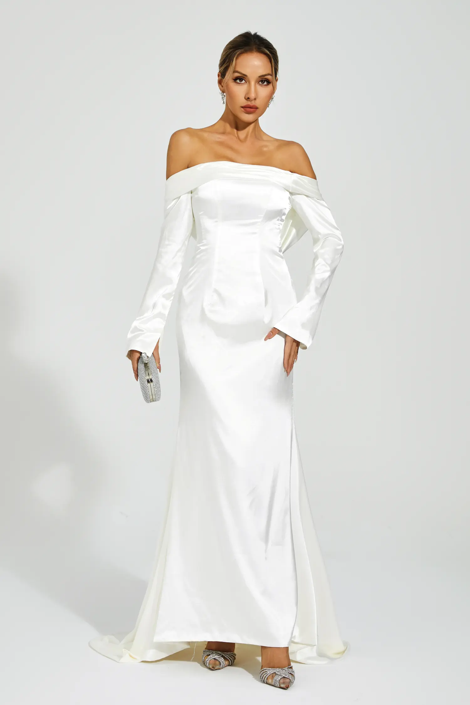Joyce White Off-shoulder Maxi Satin Dress-CATCHALL
