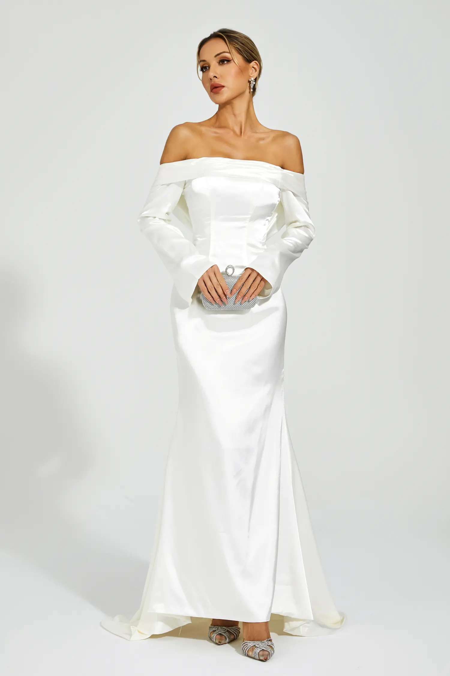 Joyce White Off-shoulder Maxi Satin Dress-CATCHALL