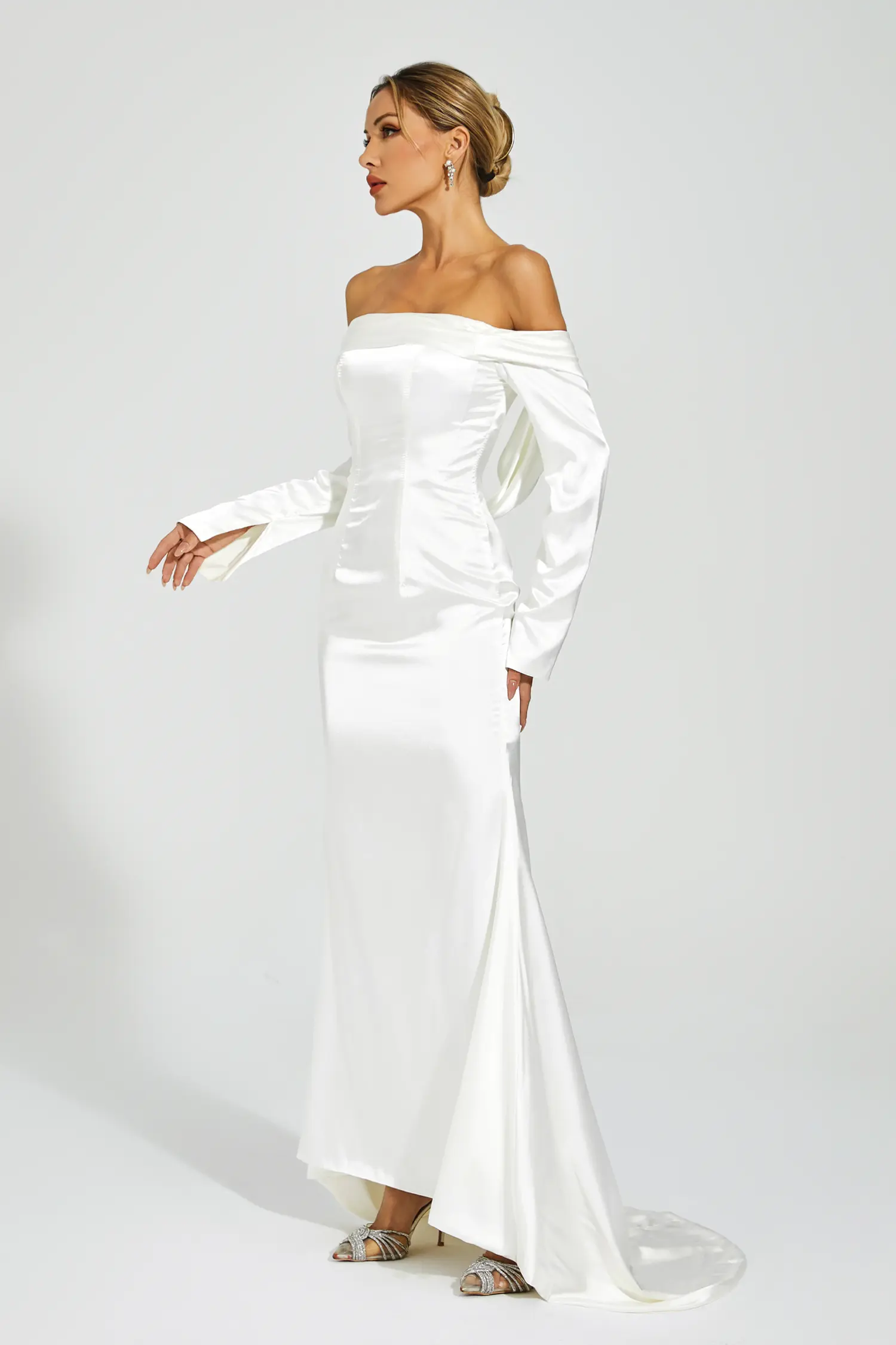 Joyce White Off-shoulder Maxi Satin Dress-CATCHALL